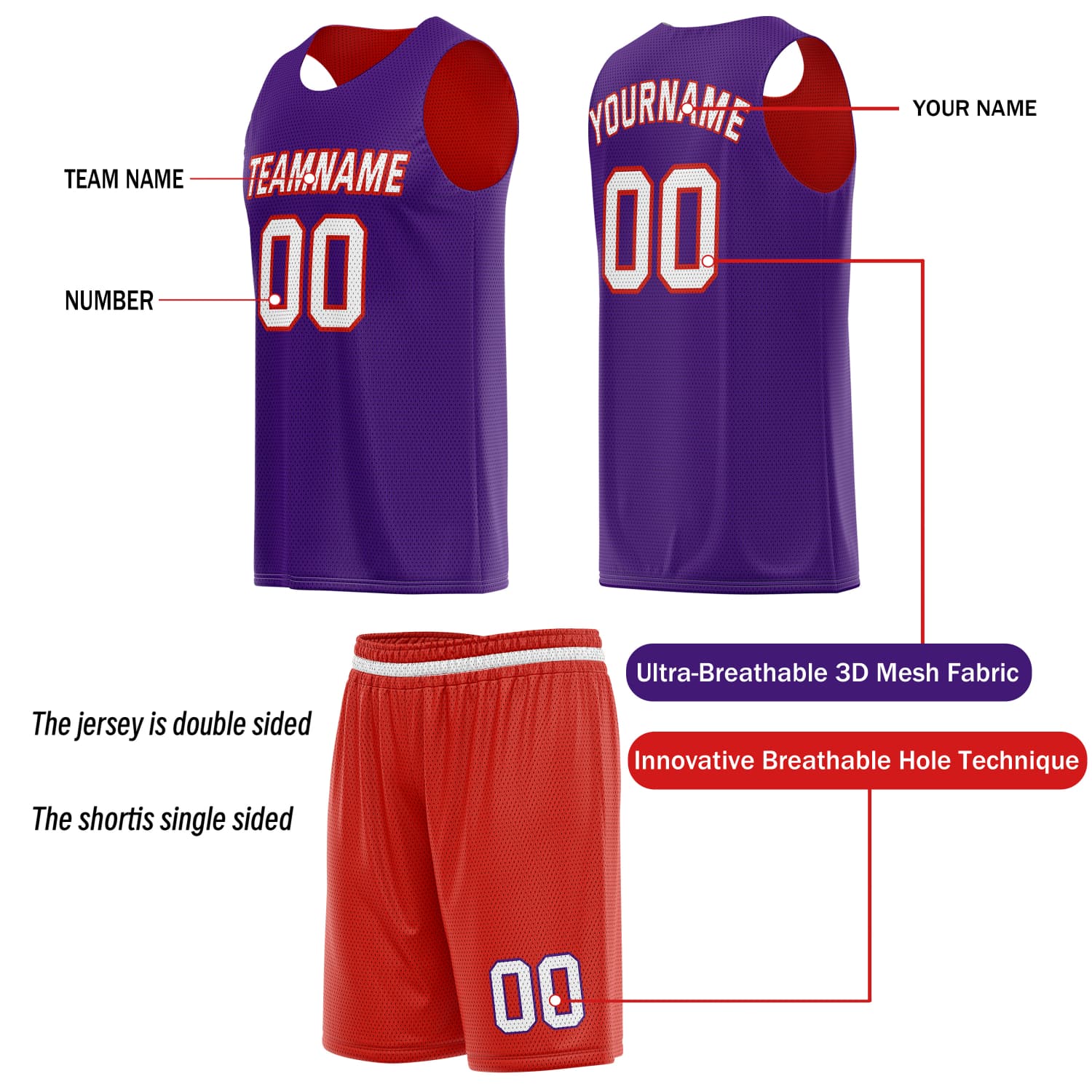 Custom Reversible Basketball Jersey & Shorts Set for Individuals & Teams – Red Purple White | Vosoli