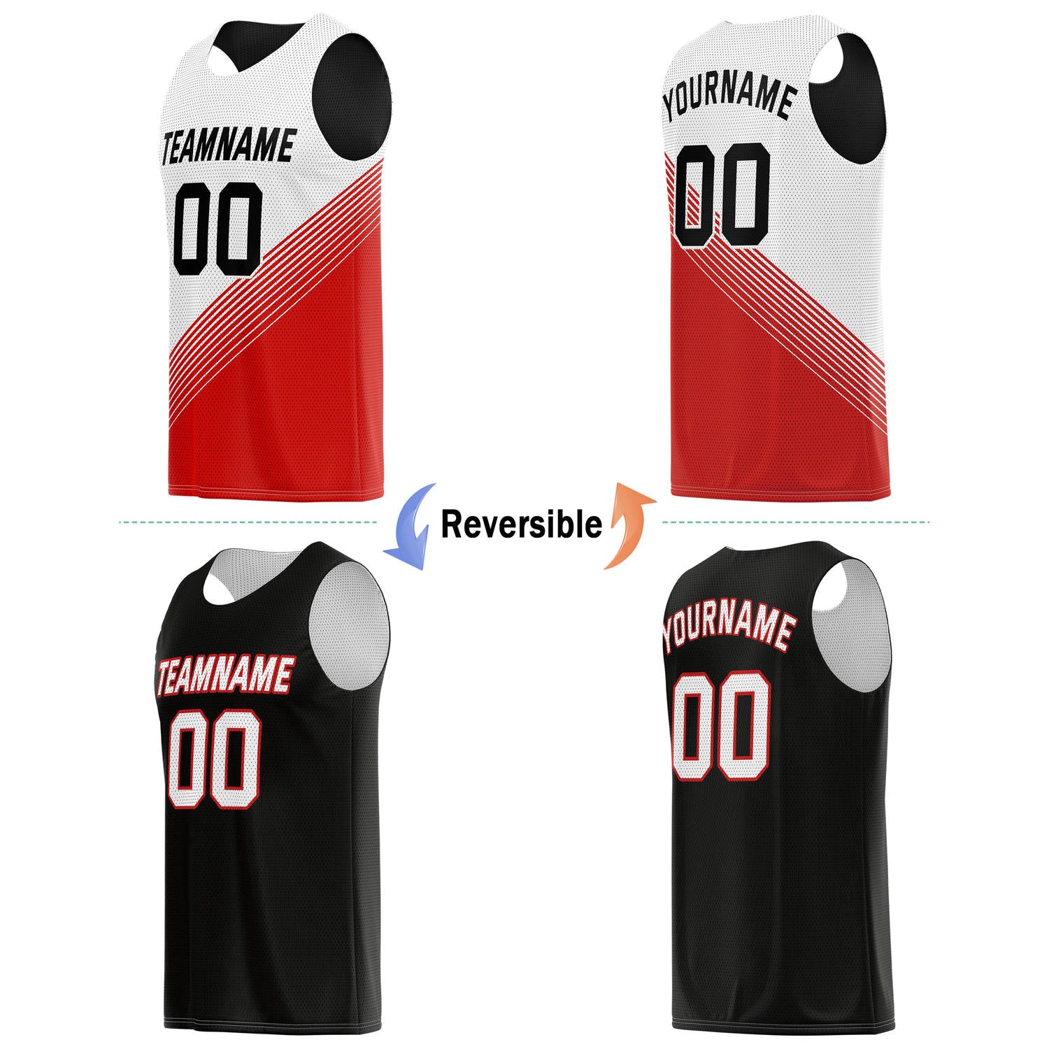 Custom Reversible Basketball Jersey & Shorts Set for Individuals & Teams – Red White Black Diagonal Stripe | Vosoli