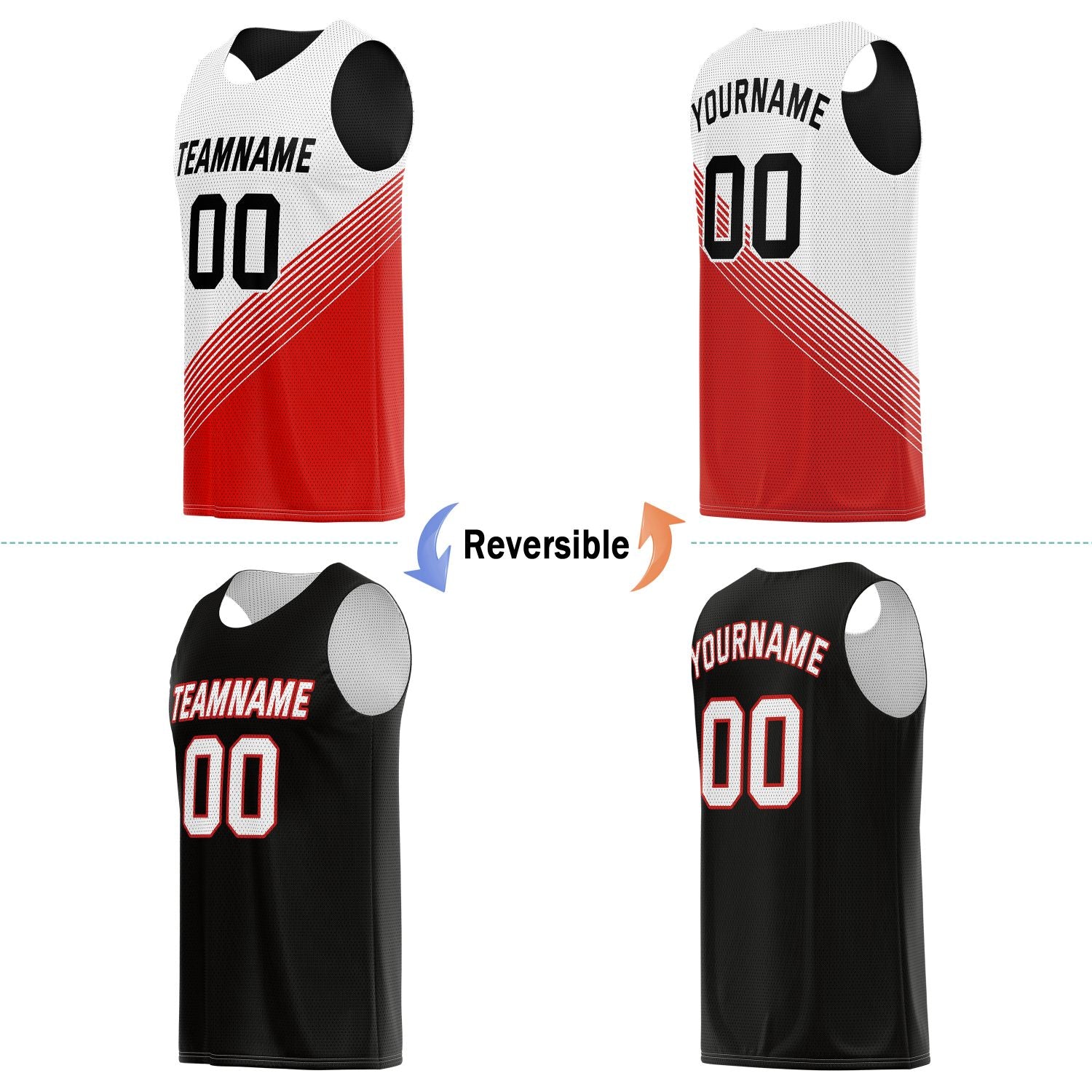 Custom Reversible Basketball Jersey for Individuals & Teams – Red White Black Diagonal Stripe | Vosoli