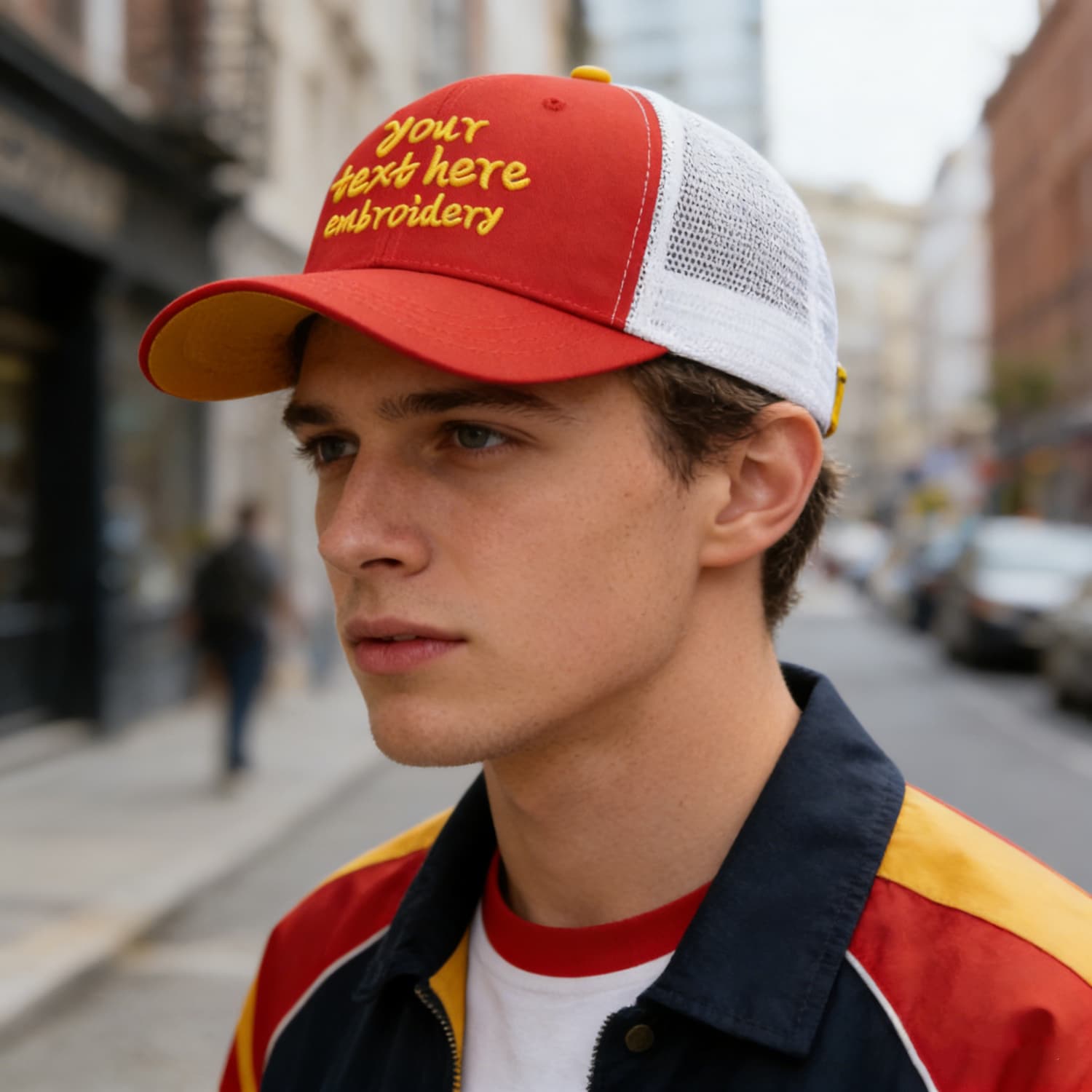 Vosoli Red & White Mesh-Back Trucker Cap - Unisex Personal & Team Custom 3D Embroidery or Print Hat
