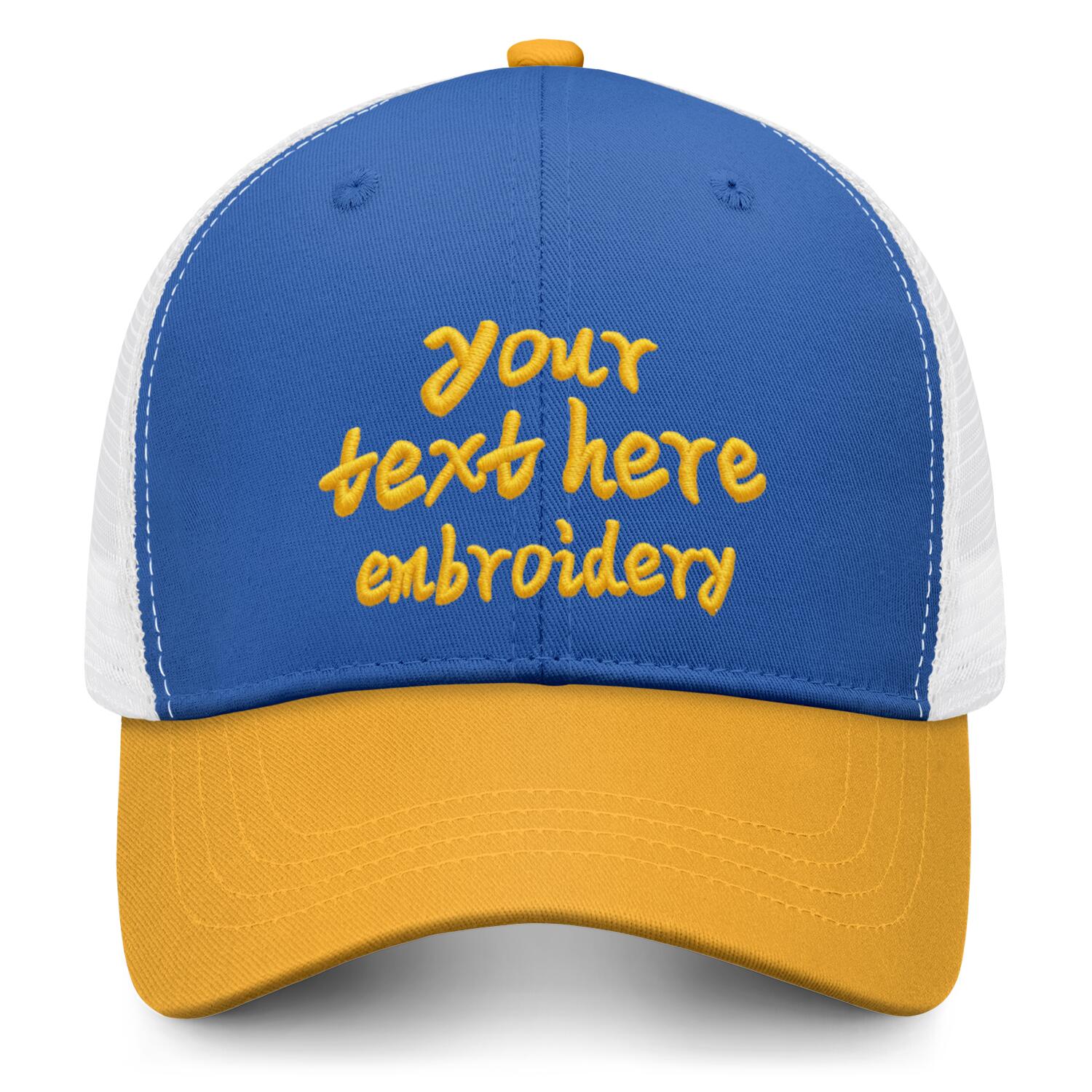 Vosoli Royal Blue & Gold Two-Tone Baseball Trucker Hat - Unisex Custom 3D Embroidery or Print