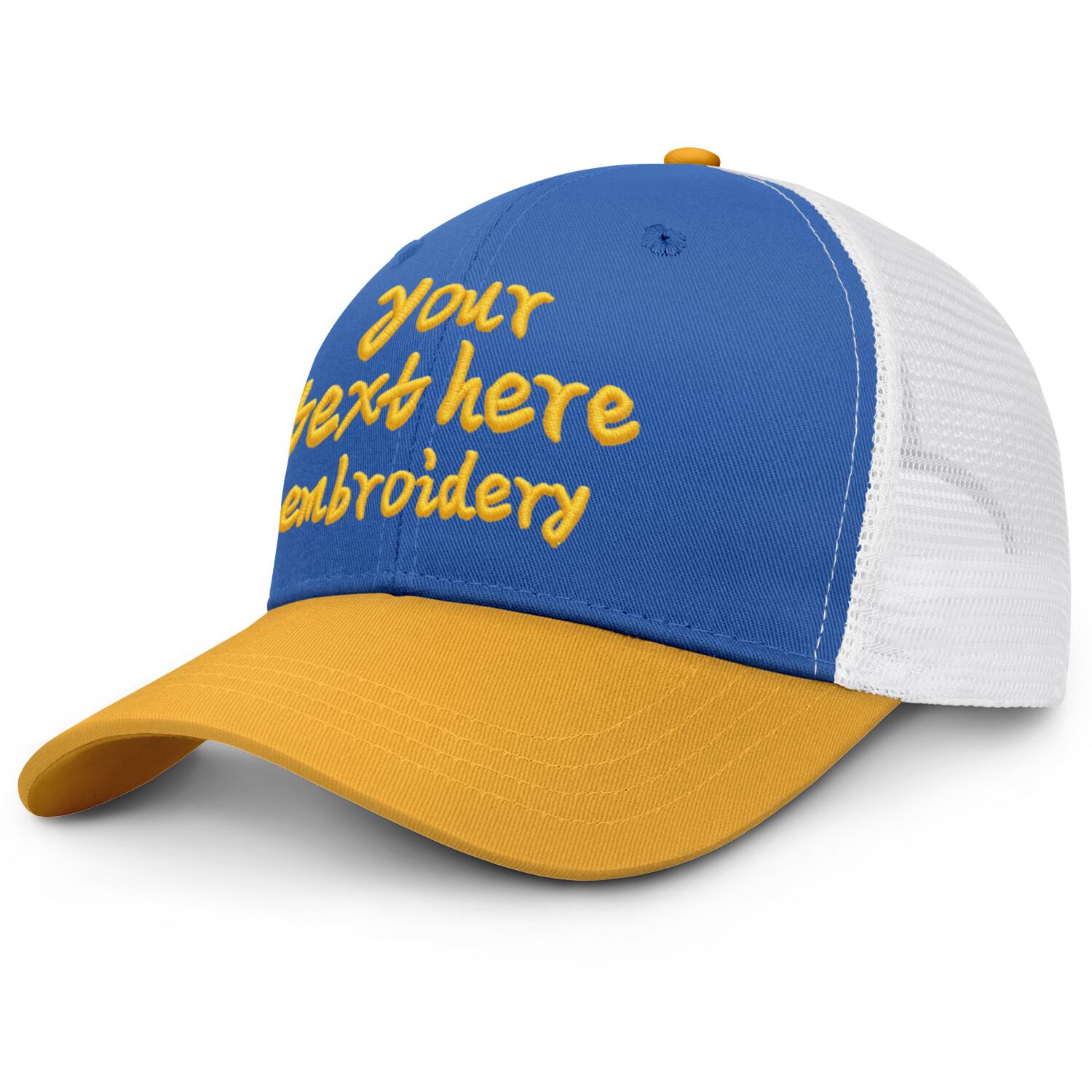 Vosoli Royal Blue & Gold Two-Tone Baseball Trucker Hat - Unisex Custom 3D Embroidery or Print