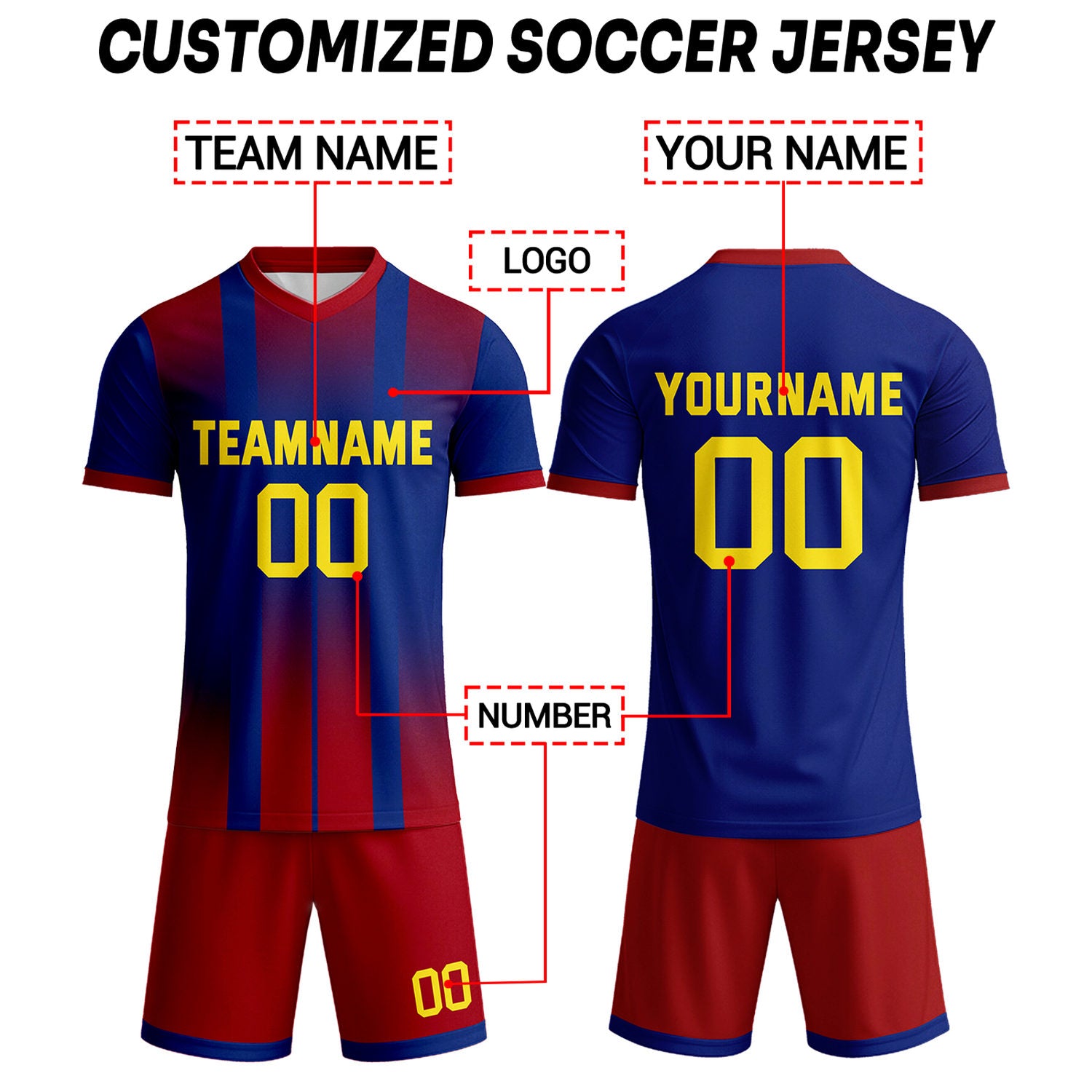 Custom Royal Blue & Red with Gold Accent Soccer Uniform Set for Teams & Individuals | Vosoli