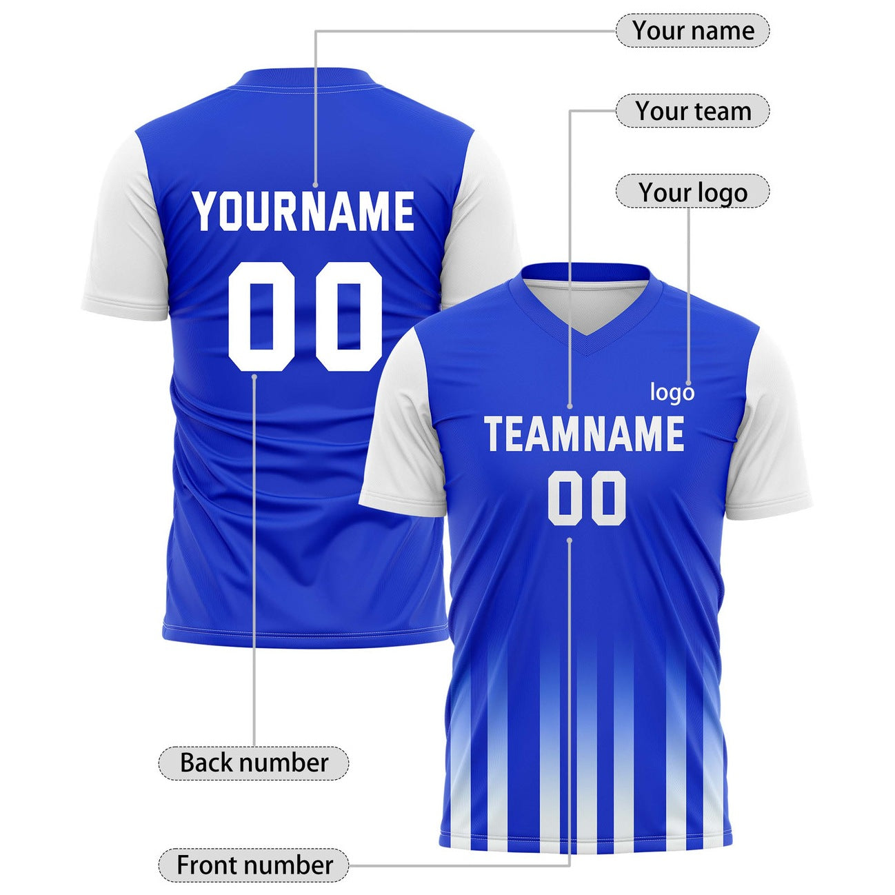 Custom Royal Blue & White Gradient Stripe Soccer Jersey for Teams & Individuals | Vosoli