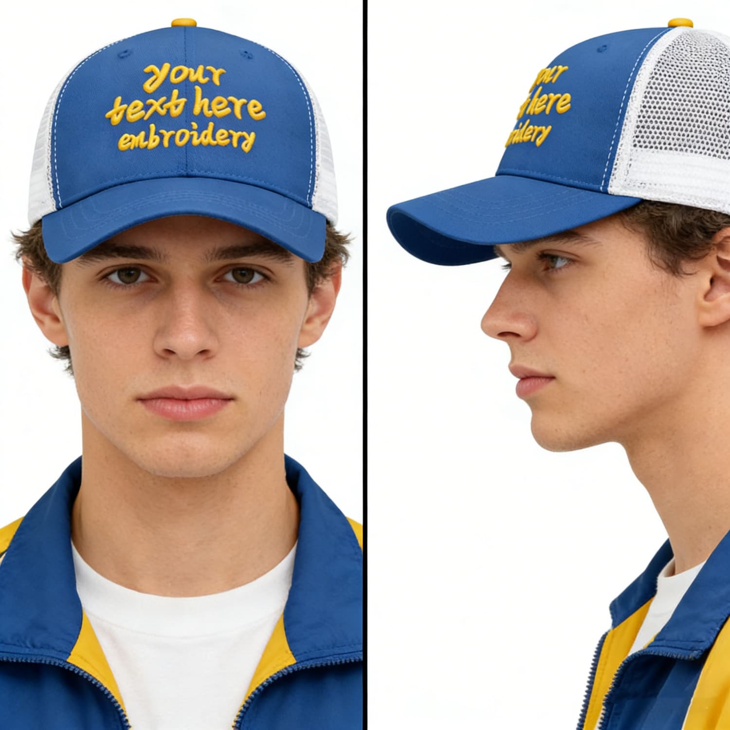 Vosoli Royal Blue & White Mesh-Back Trucker Cap - Unisex Personal & Team Custom 3D Embroidery or Print Hat