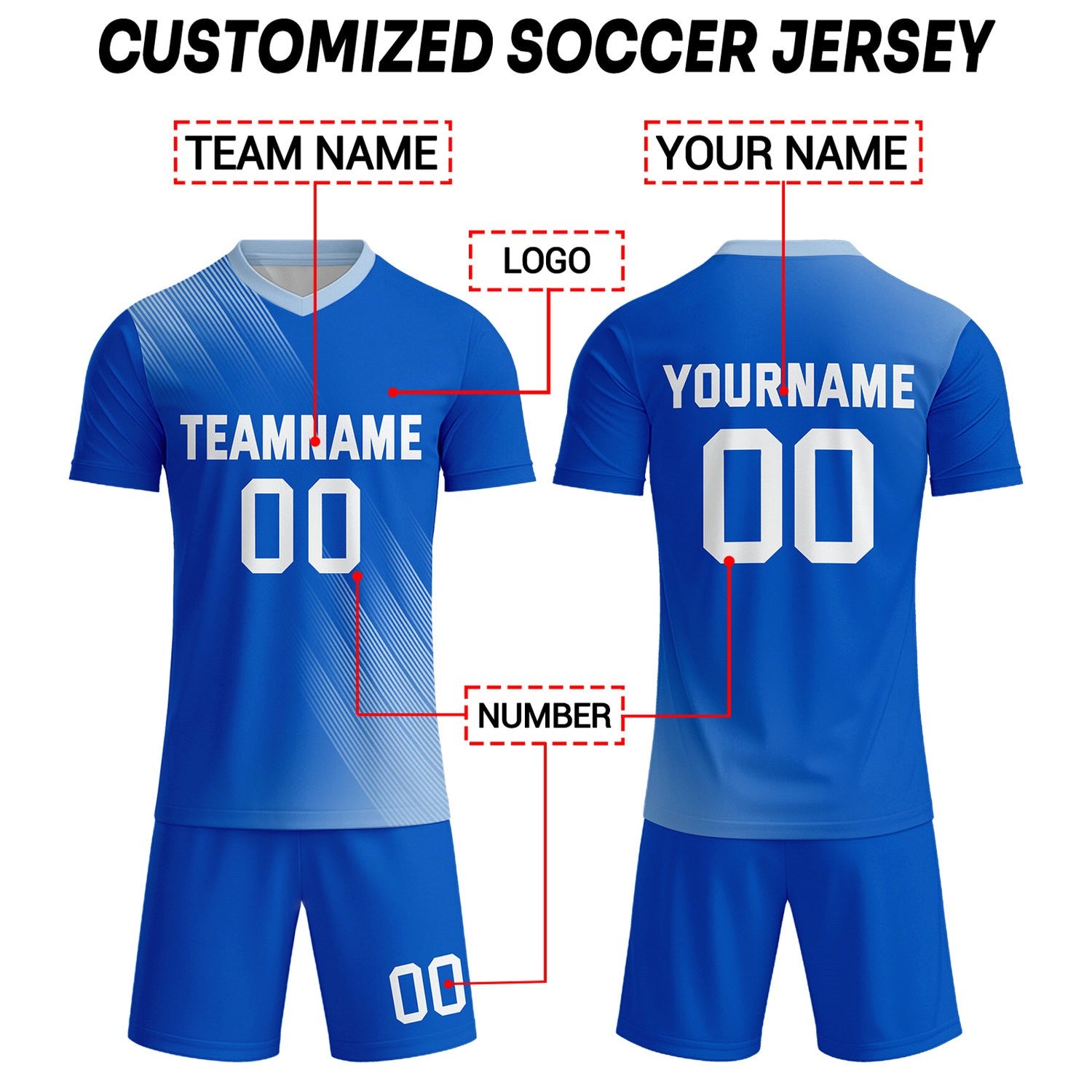 Custom Royal Blue & White Stripe Soccer Uniform Set for Teams & Individuals | Vosoli