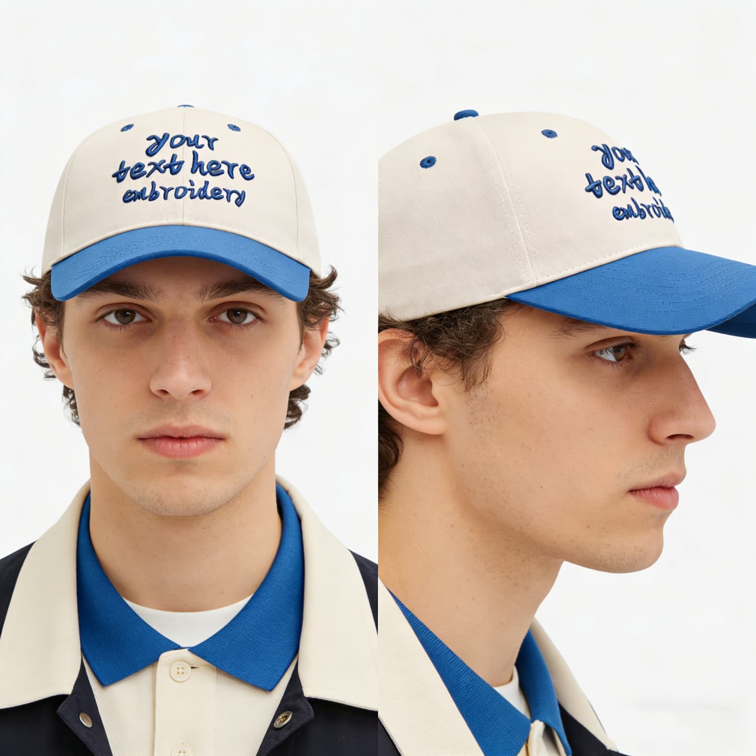 Vosoli Sand & Blue Color-Block Deep Bill Baseball Cap - Unisex Custom 3D Embroidery or Print Hat