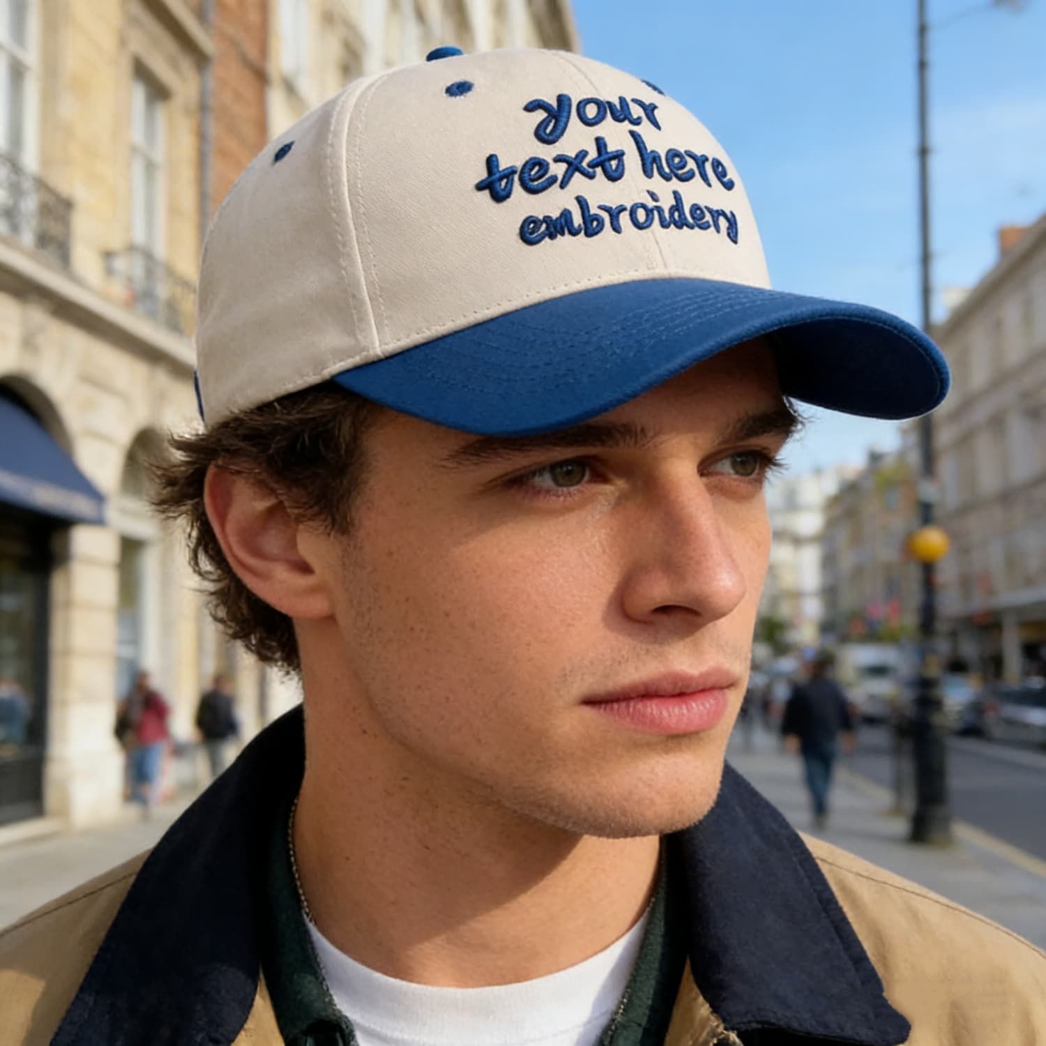 Vosoli Sand & Blue Color-Block Deep Bill Baseball Cap - Unisex Custom 3D Embroidery or Print Hat