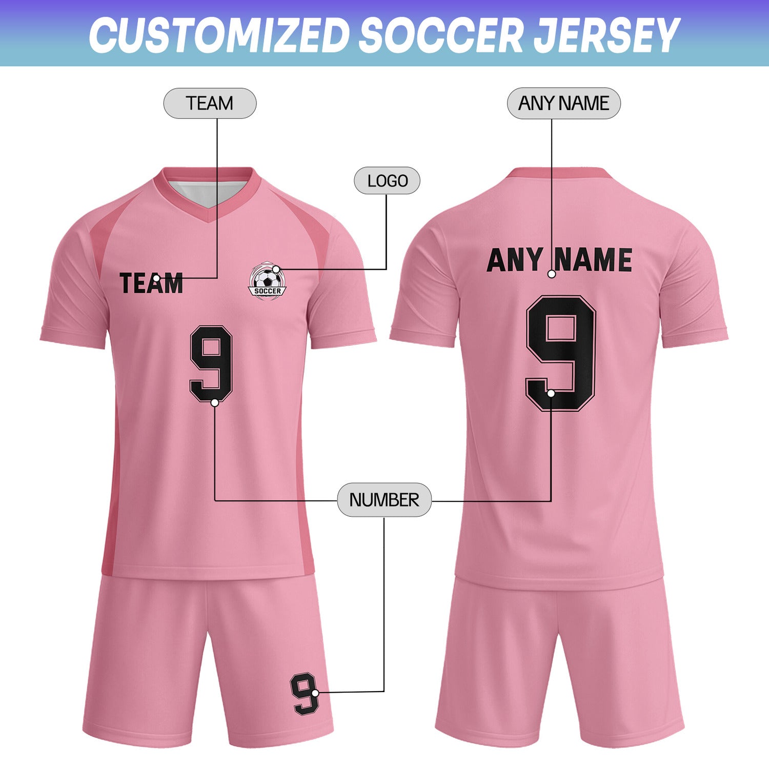 Custom Soft Pink & Black Soccer Uniform Set - Personalized Team Name & Number | Vosoli