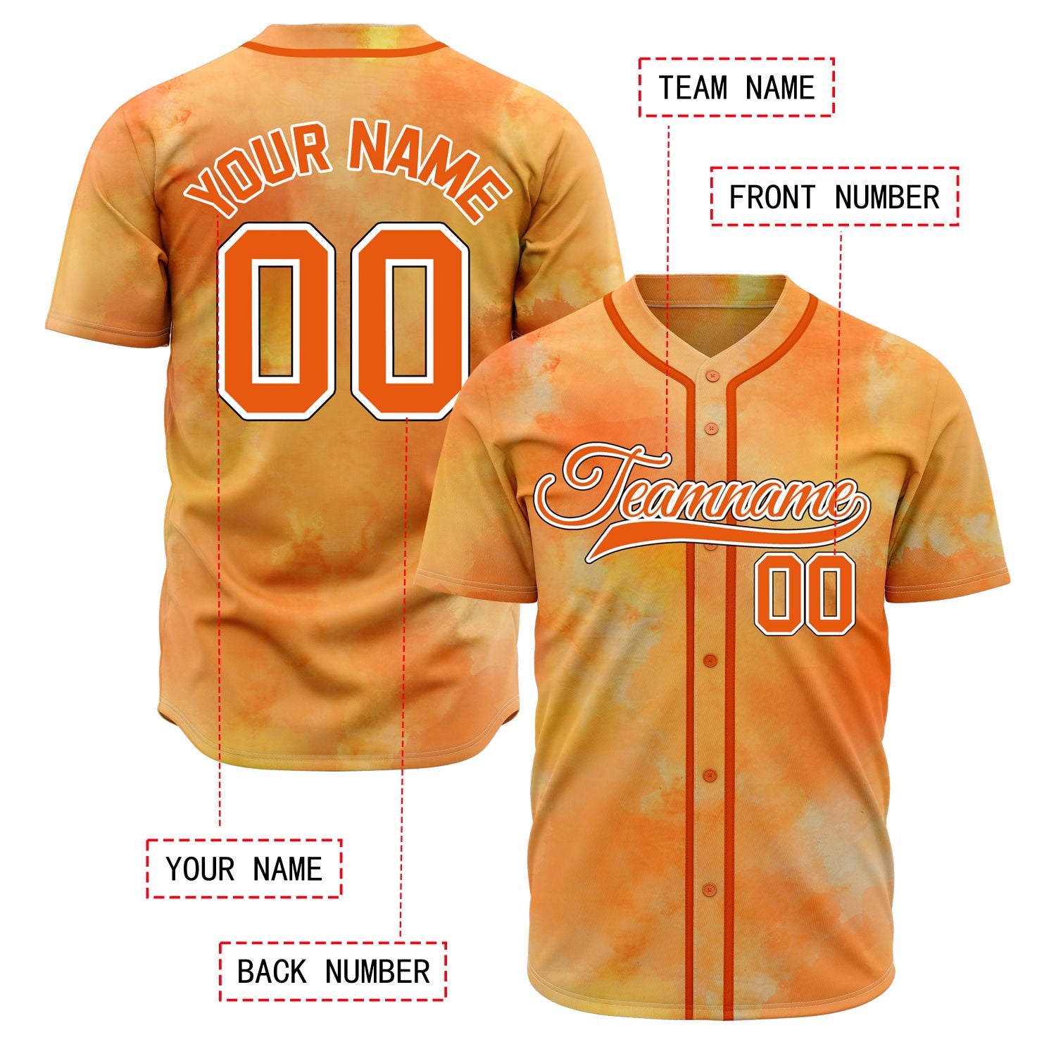 VOSOLI Sunset Vibrant Orange Tie-Dye Graffiti Custom Stitched Baseball Jersey