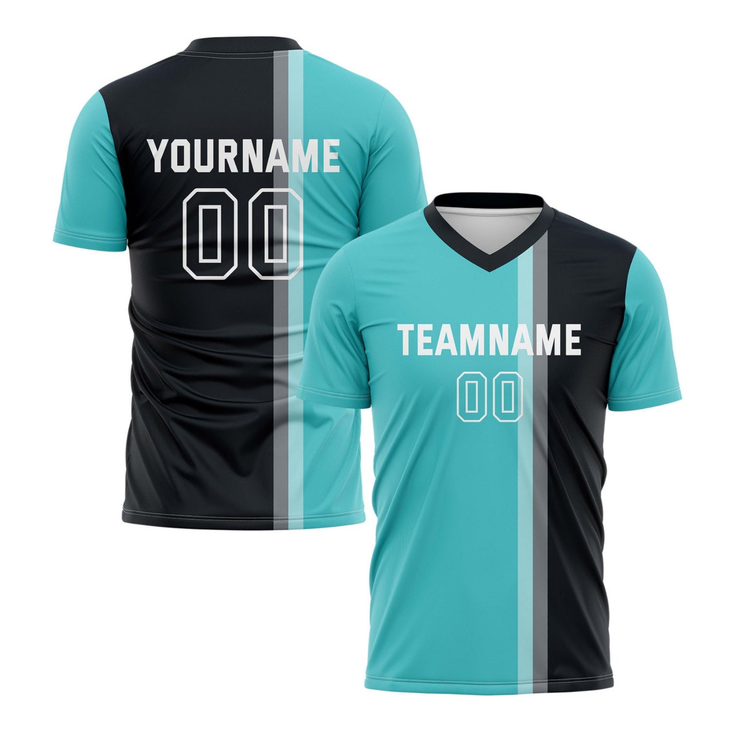 Custom Teal & Black Split Stripe Soccer Jersey for Teams & Individuals | Vosoli