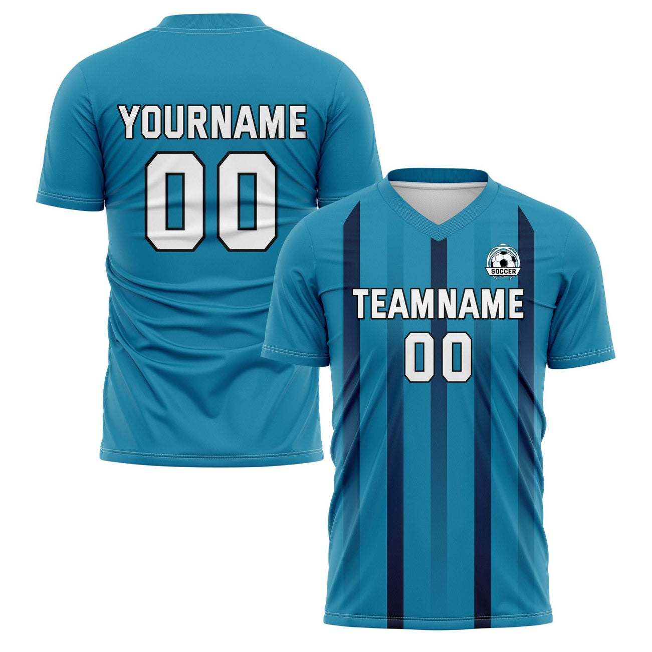 Custom Teal & Dark Blue Stripe Soccer Jersey - Personalized Team Name & Player Number for Matches | Vosoli
