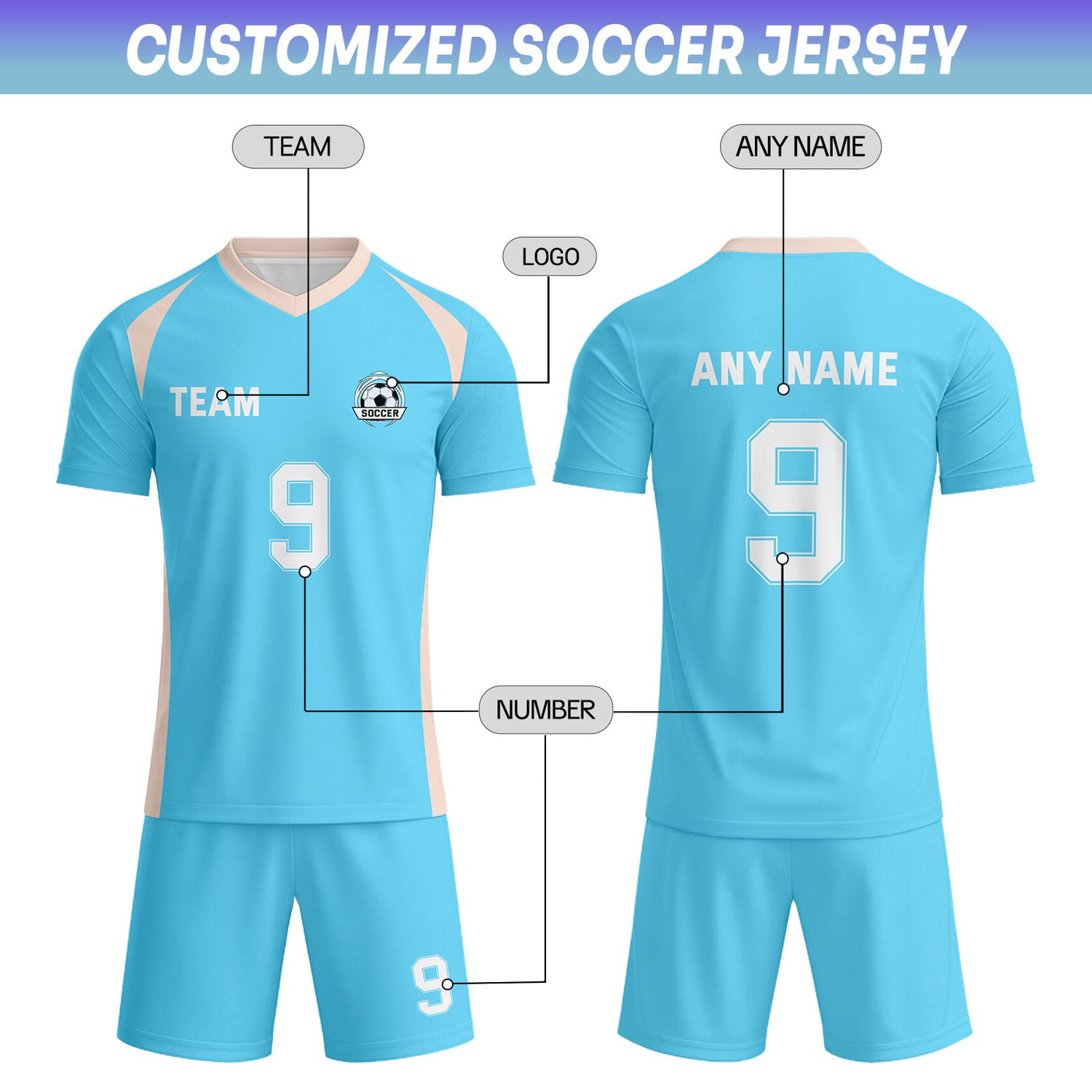 Custom Turquoise & Peach-White Soccer Uniform Set - Personalized Team Name & Number | Vosoli