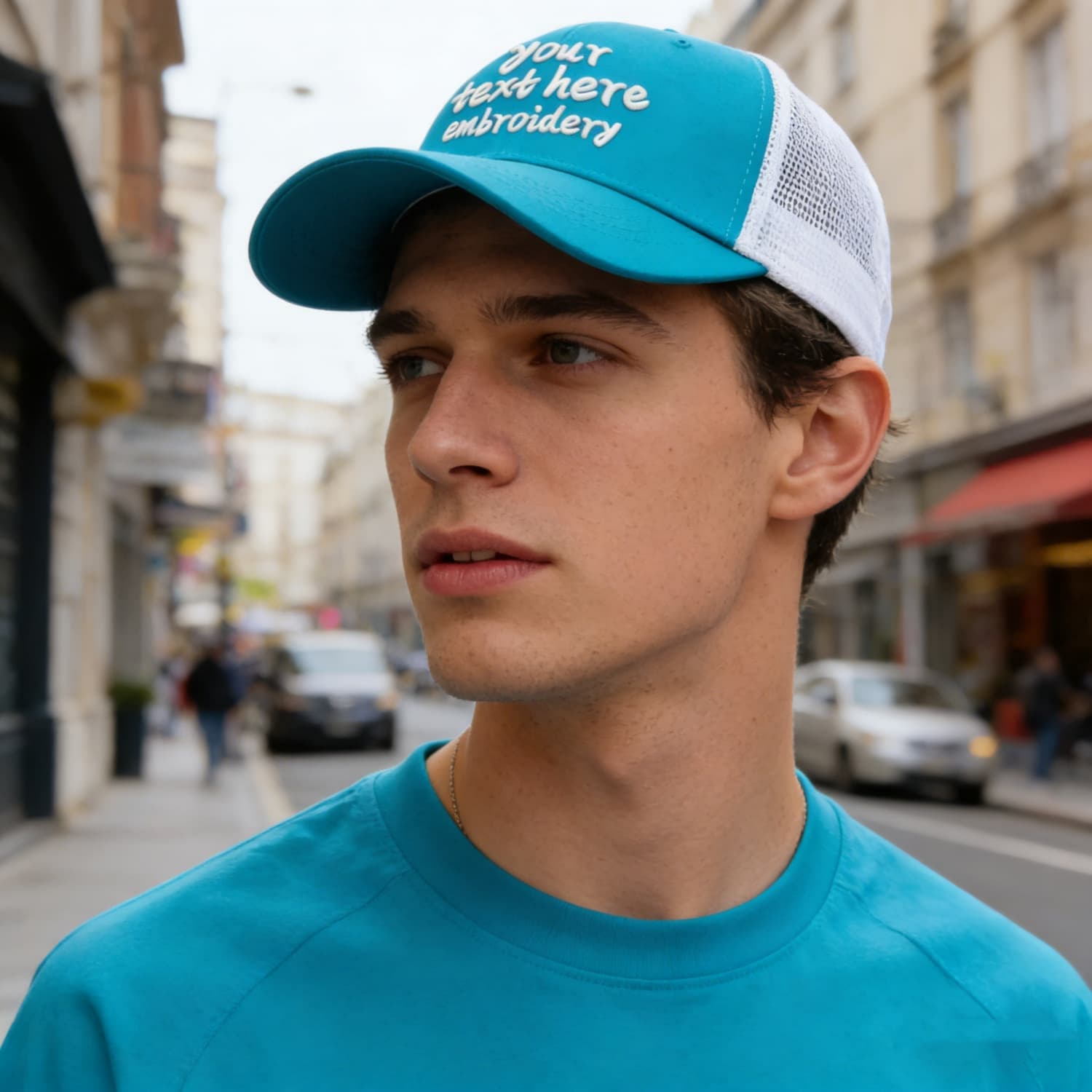 Vosoli Turquoise White Mesh Trucker Cap - Custom Embroidered Personalized Hat