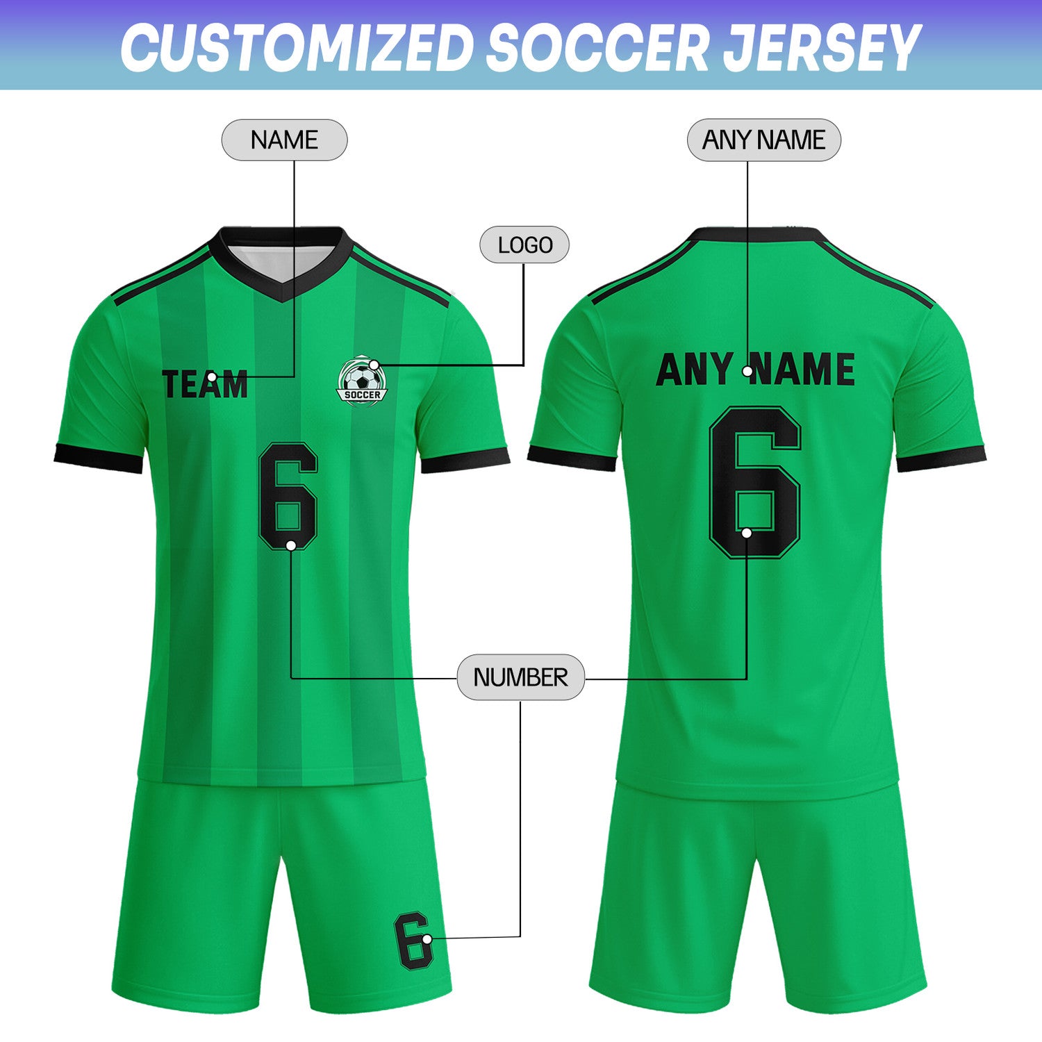 Custom Vibrant Green & Black Striped Soccer Uniform Set for Teams & Individuals | Vosoli