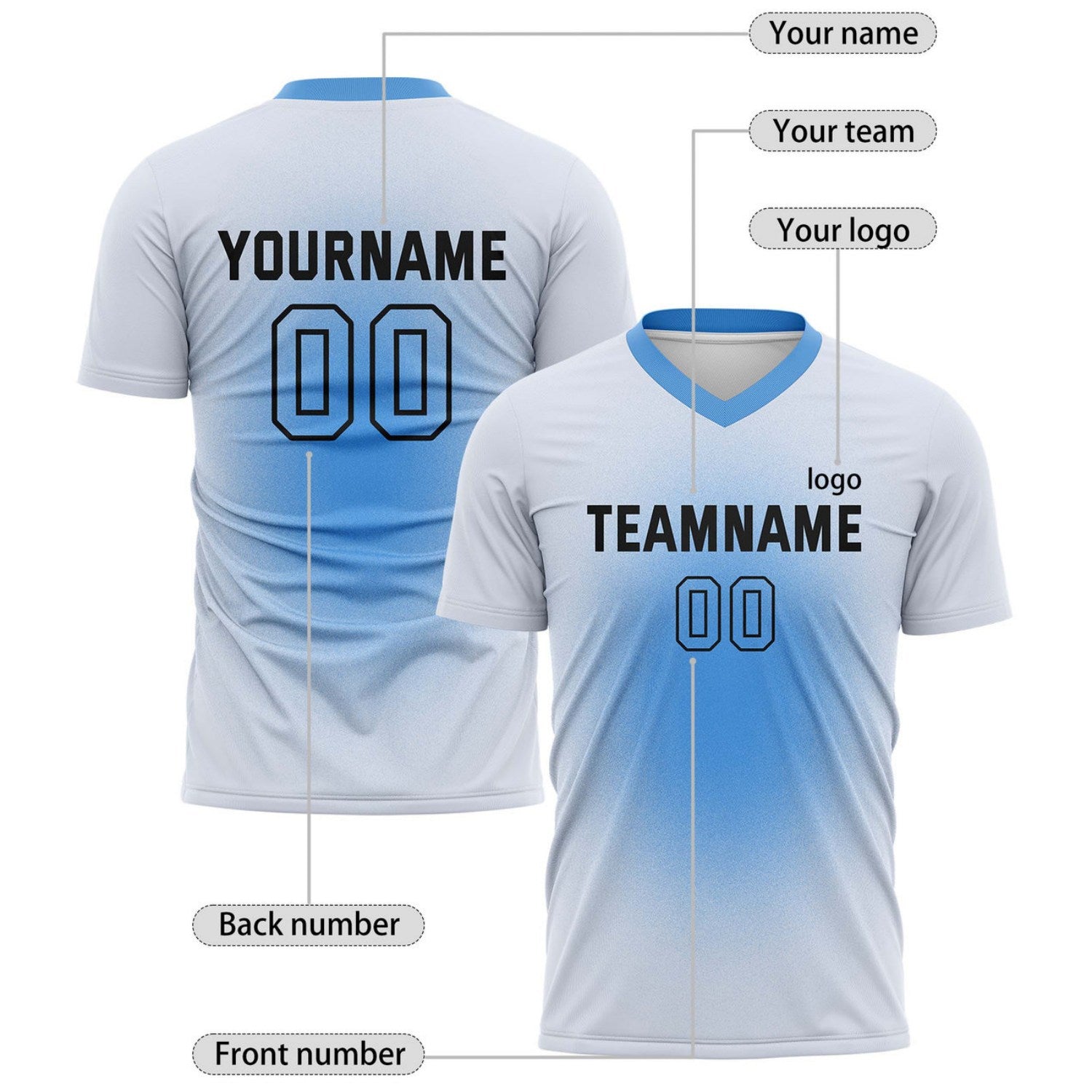 Custom White & Aqua Blue Gradient Soccer Jersey for Teams & Individuals | Vosoli