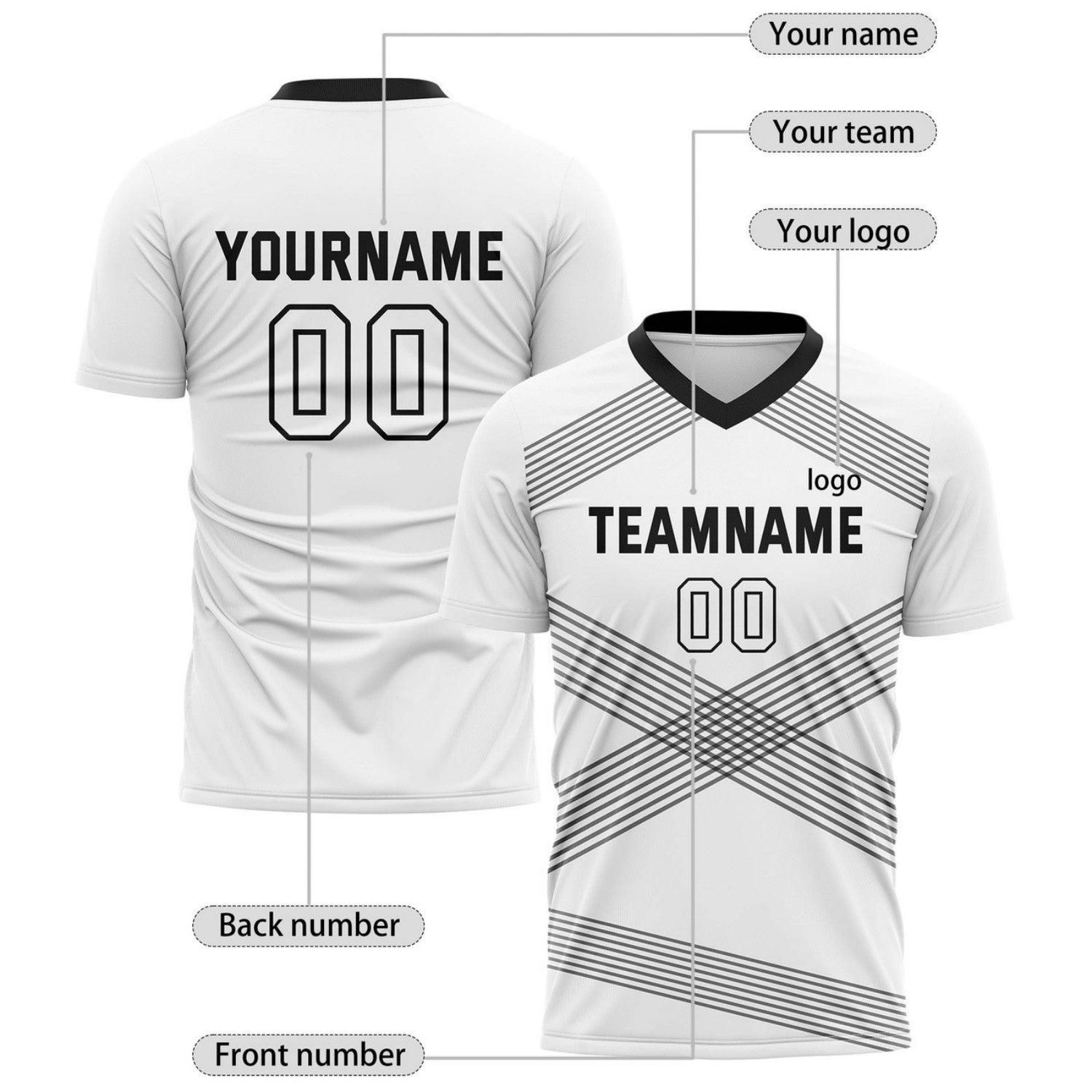 Custom White & Black Cross Stripe Soccer Jersey for Teams & Individuals | Vosoli