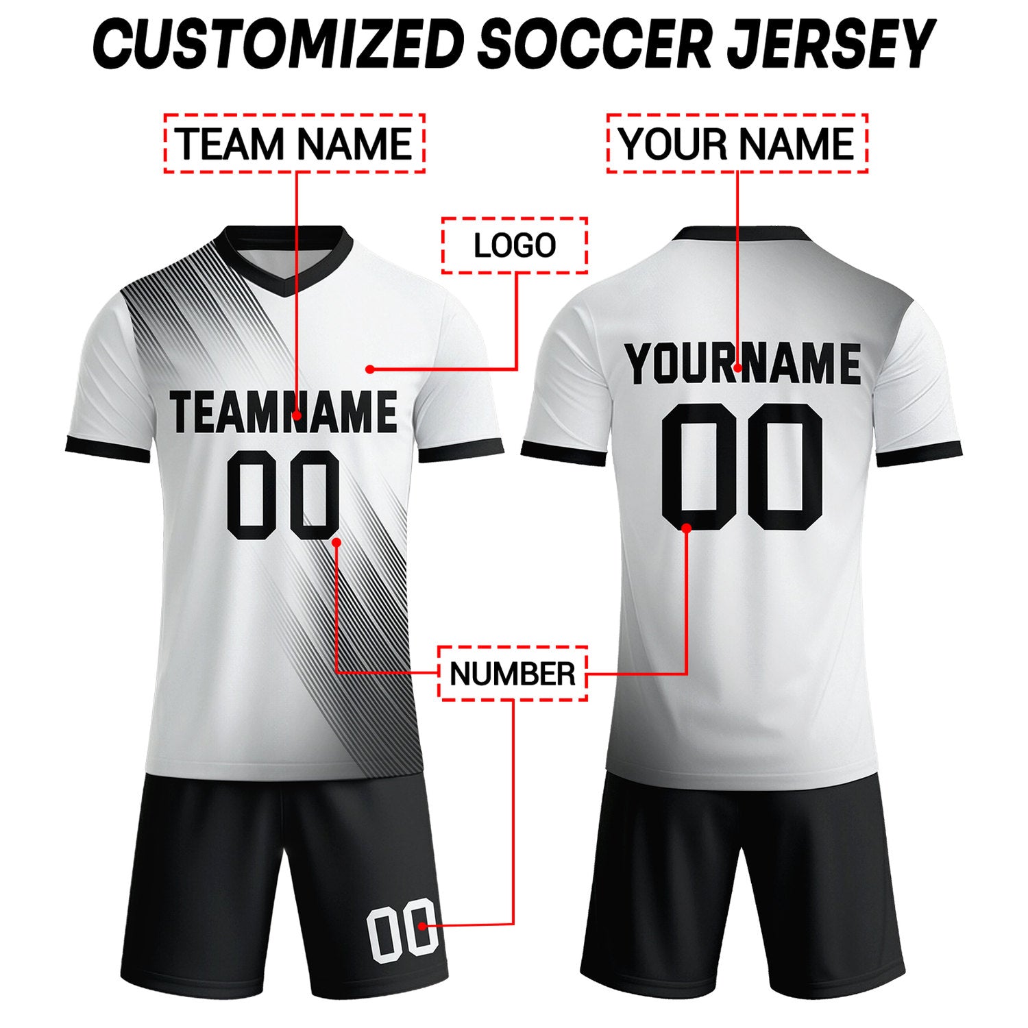 Custom White & Black Stripe Soccer Uniform Set for Teams & Individuals | Vosoli