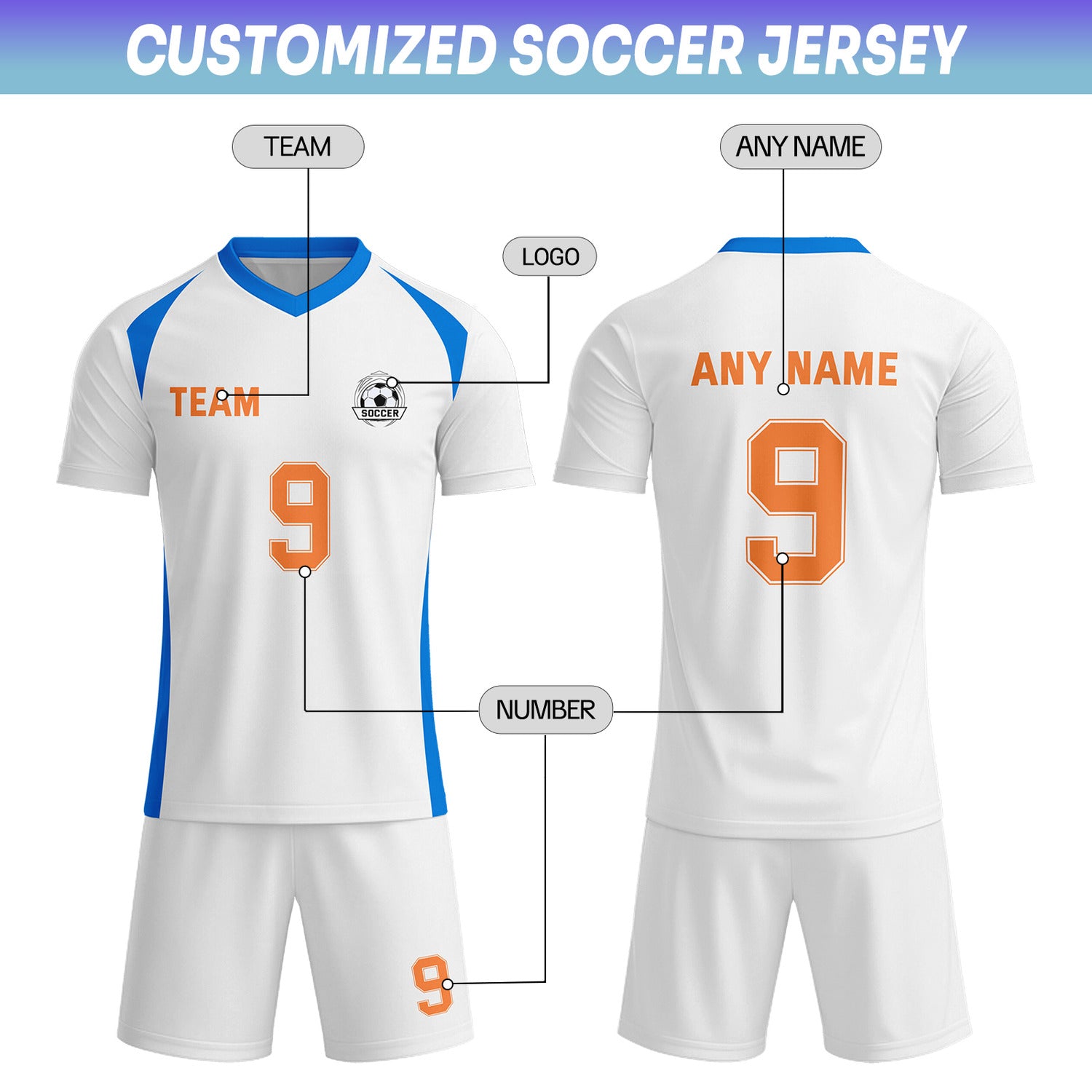 Custom White & Blue-Orange Soccer Uniform Set - Personalized Team Name & Number | Vosoli