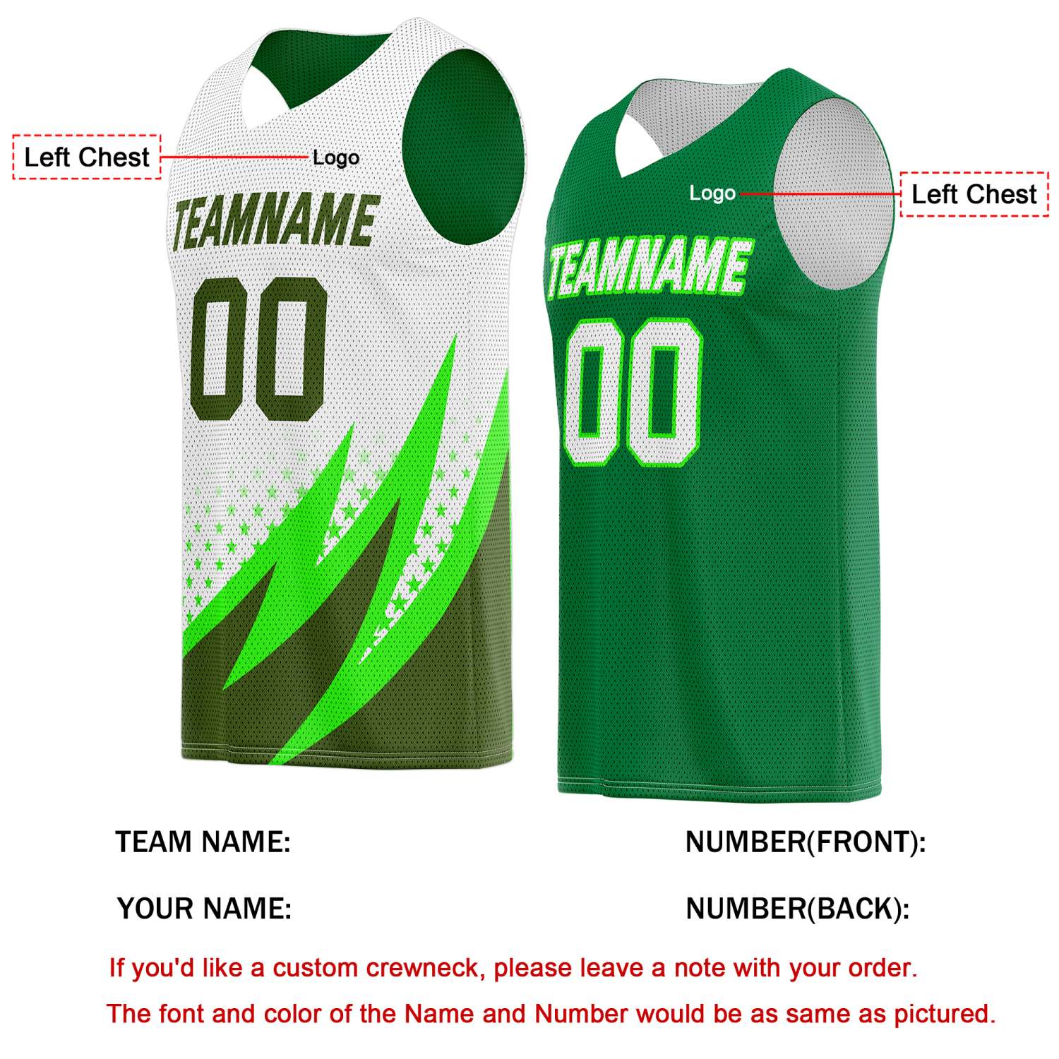 Custom Reversible Basketball Jersey for Individuals & Teams – White, Green & Olive | Vosoli