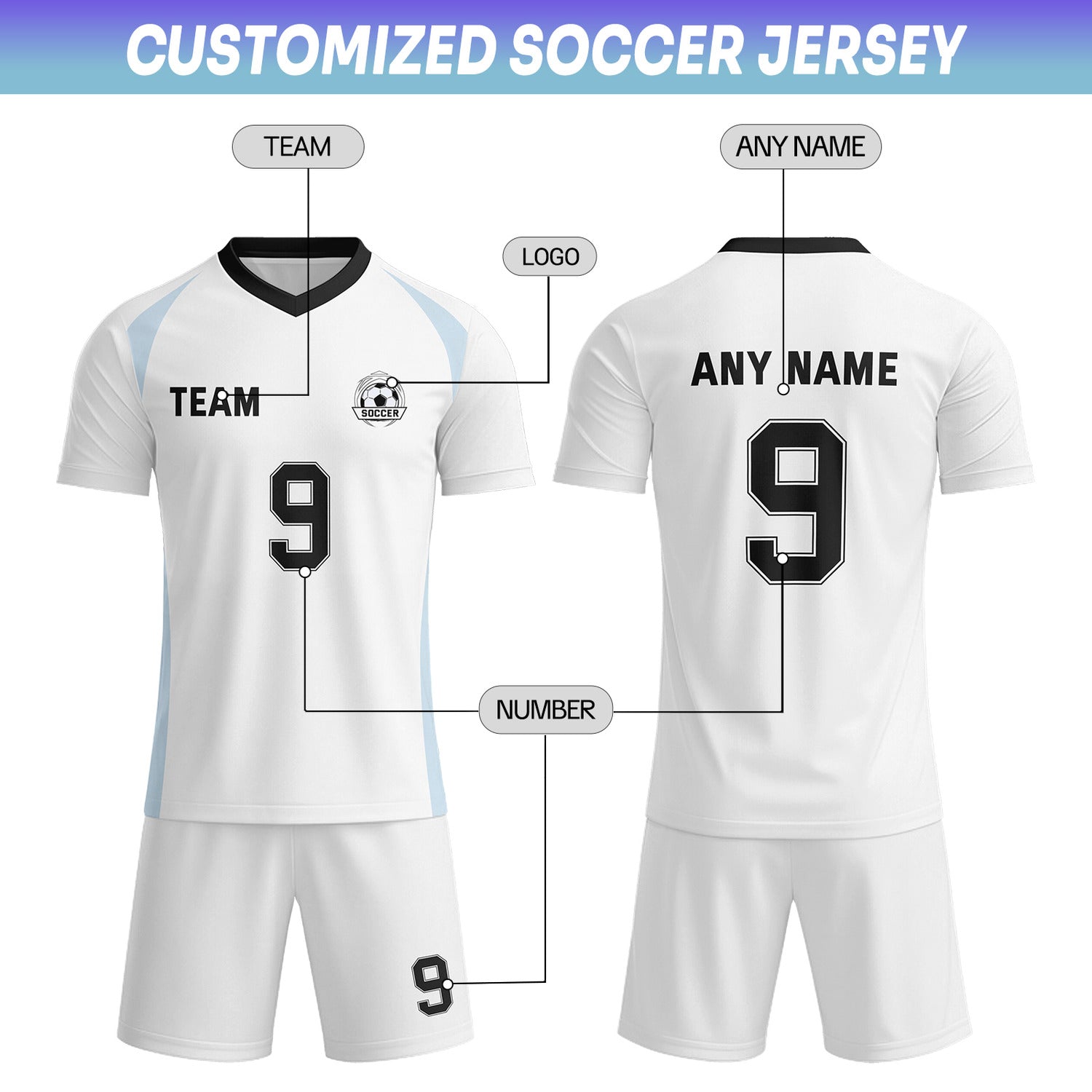 Custom White & Light Blue-Black Soccer Uniform Set - Personalized Team Name & Number | Vosoli