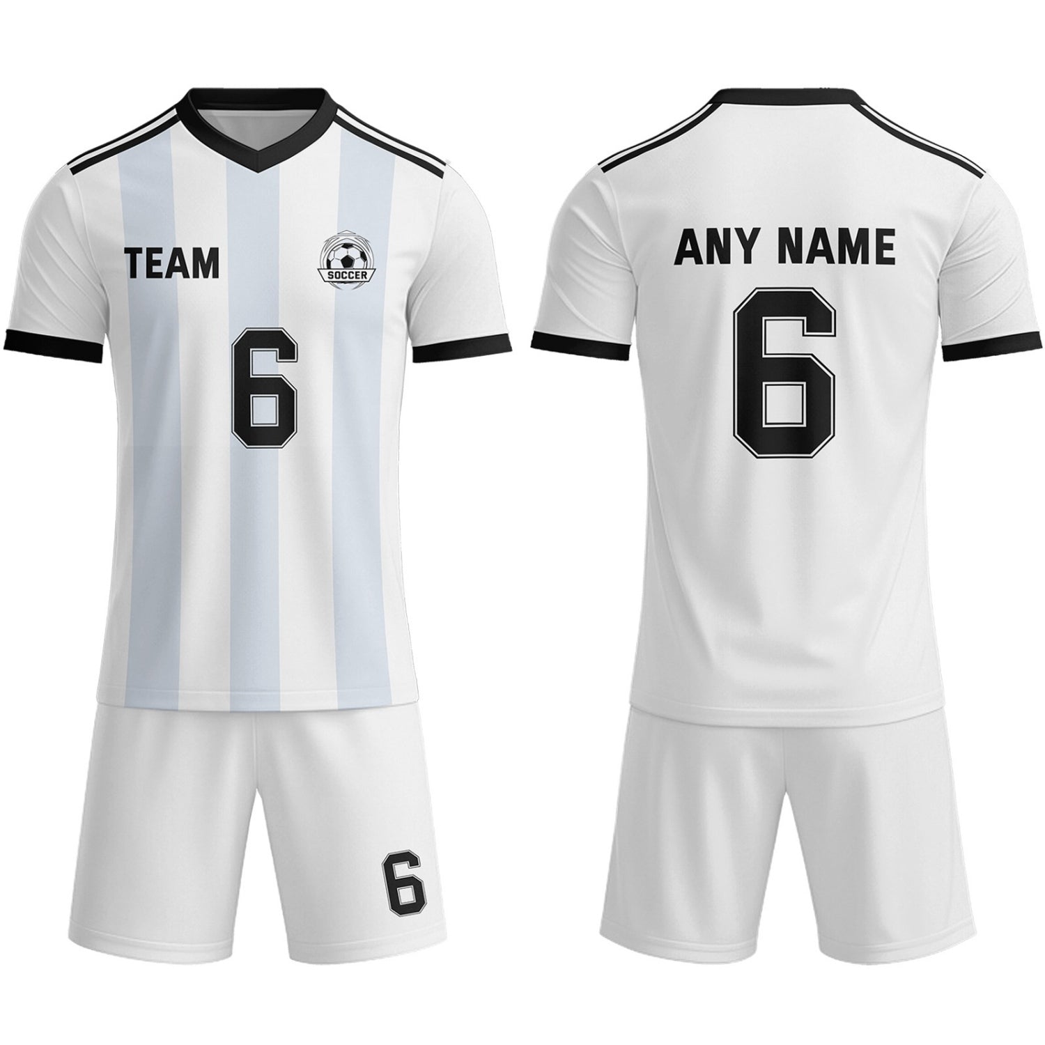 Custom White & Light Blue-Black Striped Soccer Uniform Set for Teams & Individuals | Vosoli