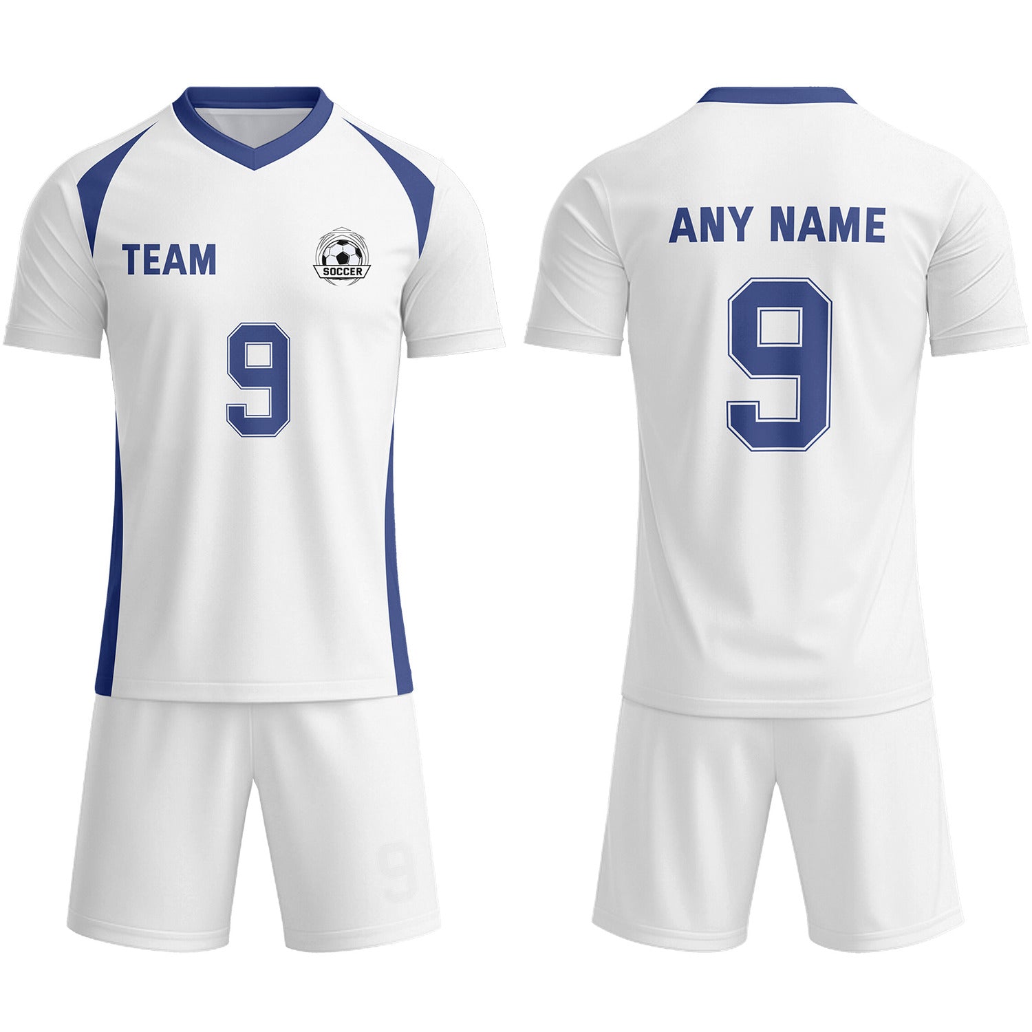 Custom White & Navy Blue Soccer Uniform Set - Personalized Team Name & Number | Vosoli