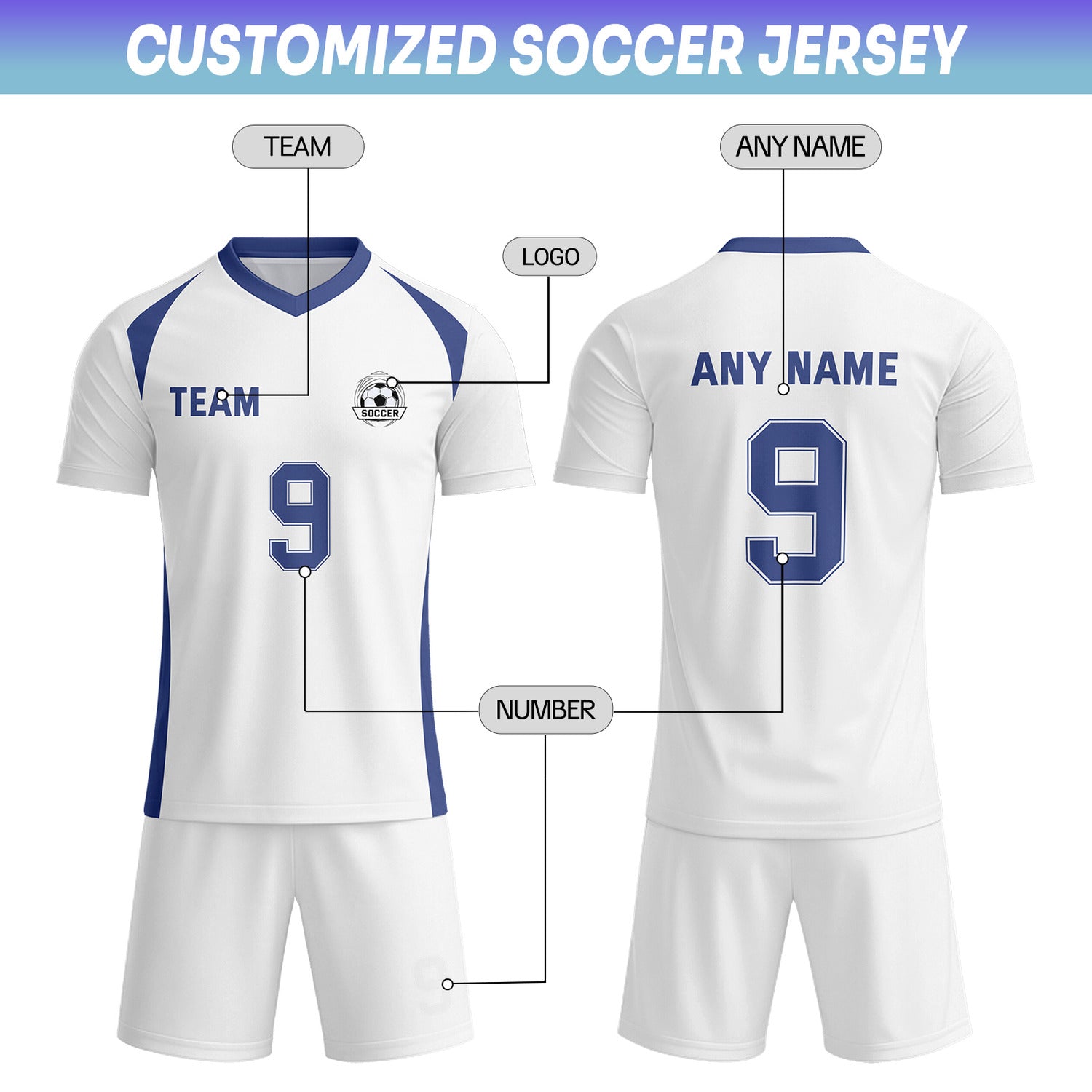 Custom White & Navy Blue Soccer Uniform Set - Personalized Team Name & Number | Vosoli