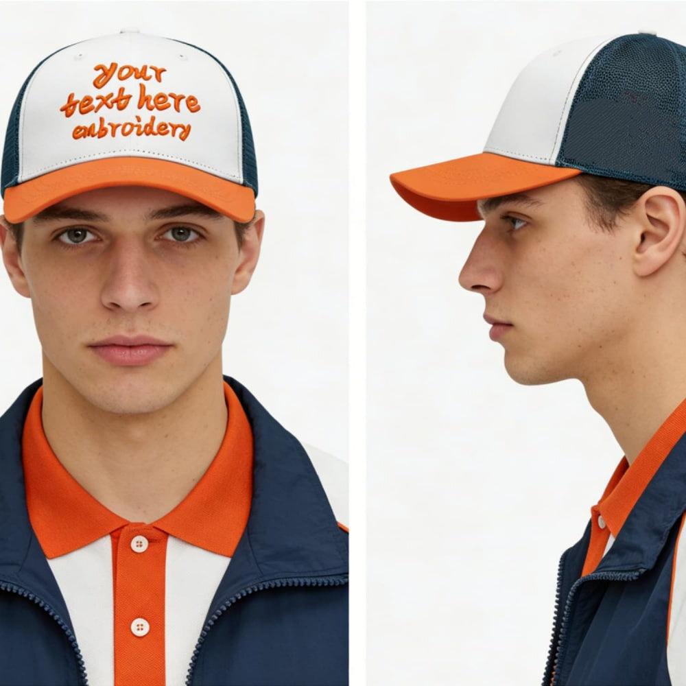 Vosoli White & Orange-Navy Mesh-Back Trucker Cap - Unisex Personal & Team Custom 3D Embroidery or Print Hat