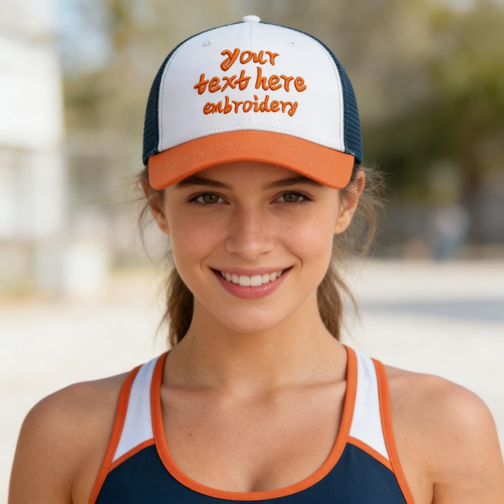 Vosoli White & Orange-Navy Mesh-Back Trucker Cap - Unisex Personal & Team Custom 3D Embroidery or Print Hat