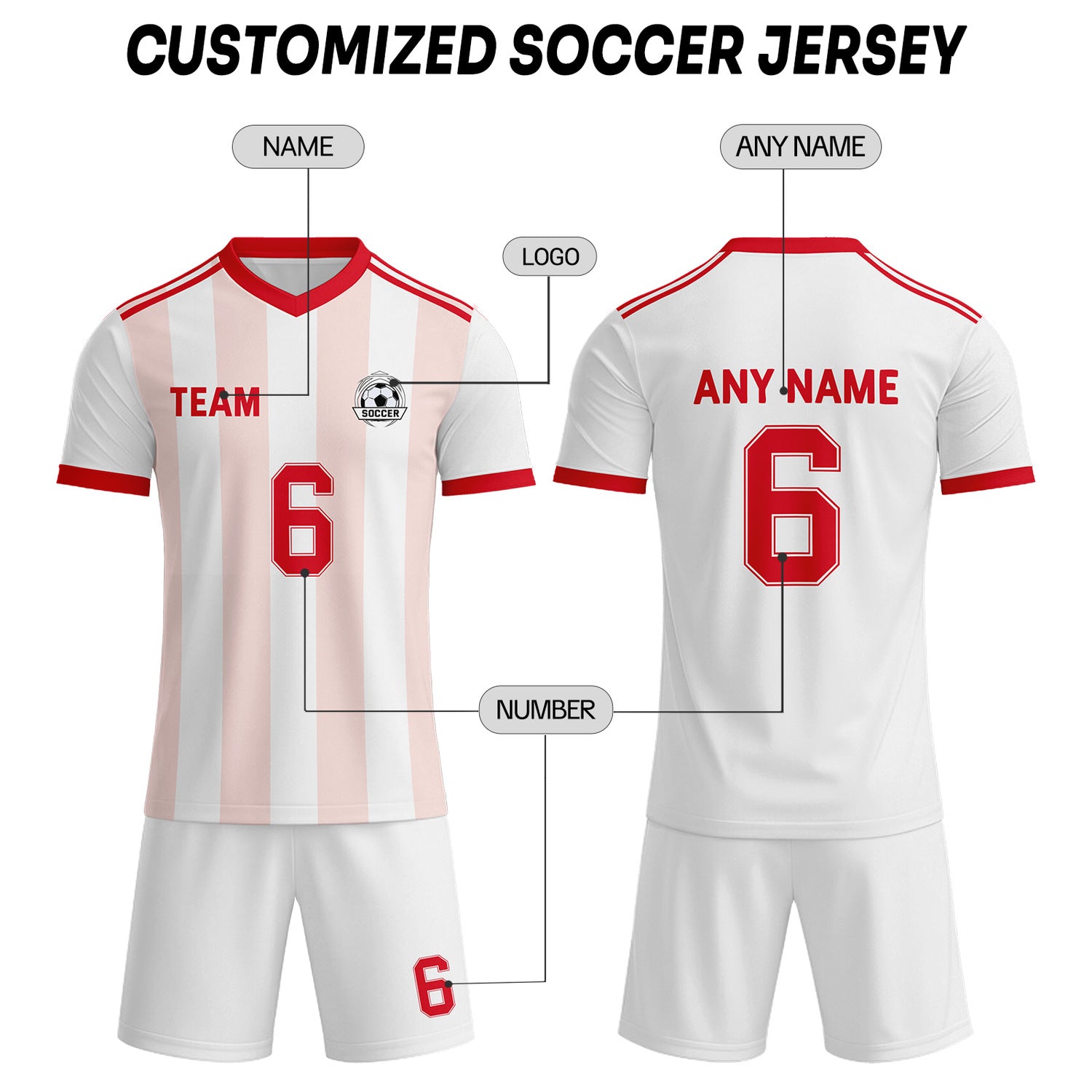 Custom White & Pastel Pink-Red Striped Soccer Uniform Set for Teams & Individuals | Vosoli