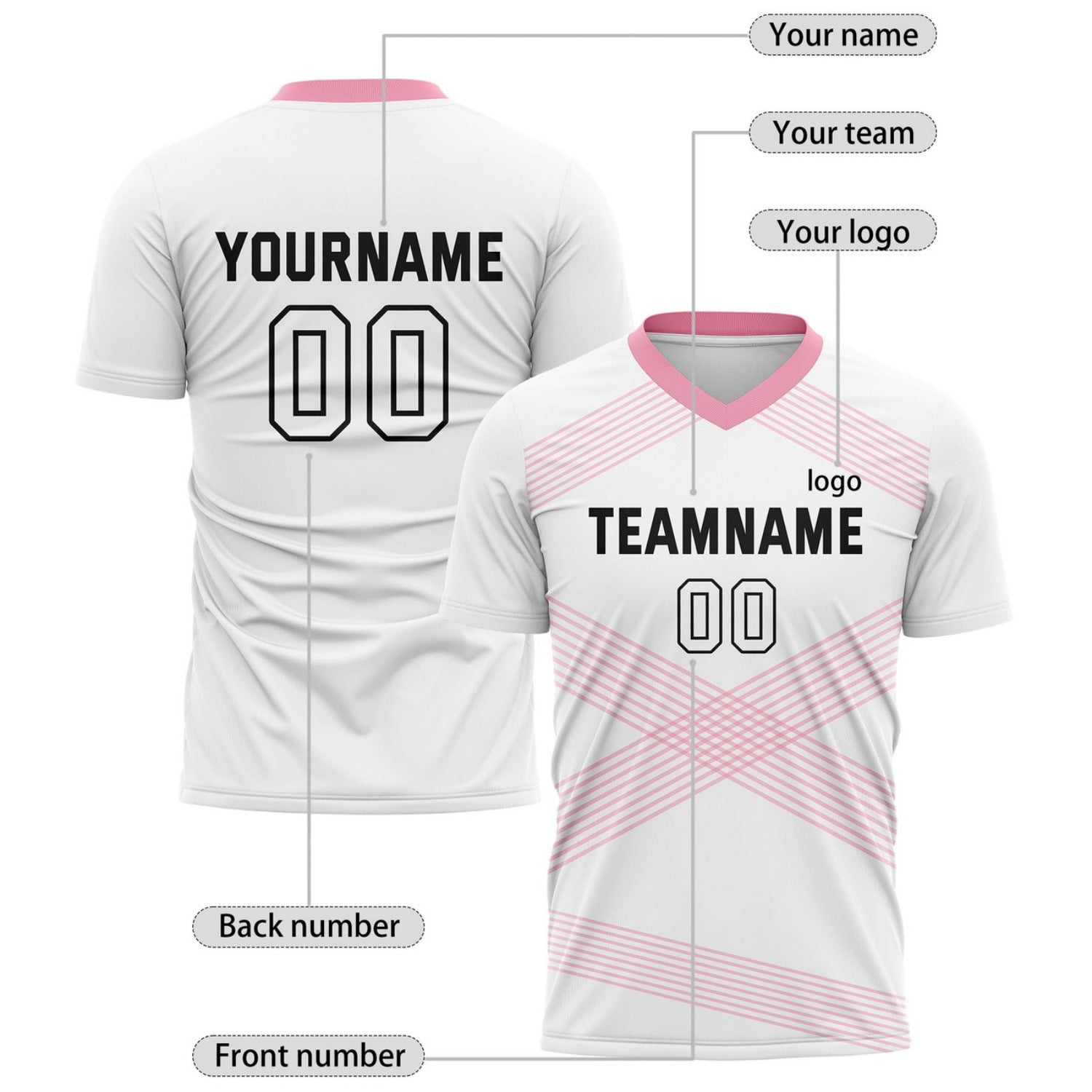 Custom White & Pink Cross Stripe Soccer Jersey for Teams & Individuals | Vosoli