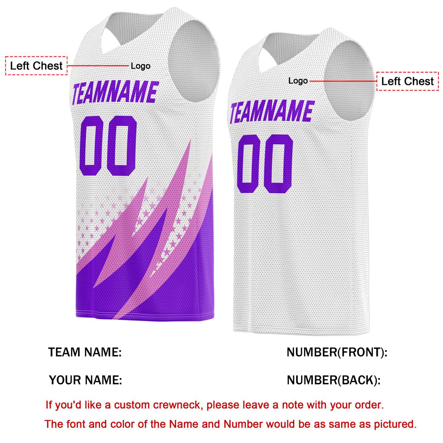 Custom Reversible Basketball Jersey for Individuals & Teams – White, Purple & Pink | Vosoli