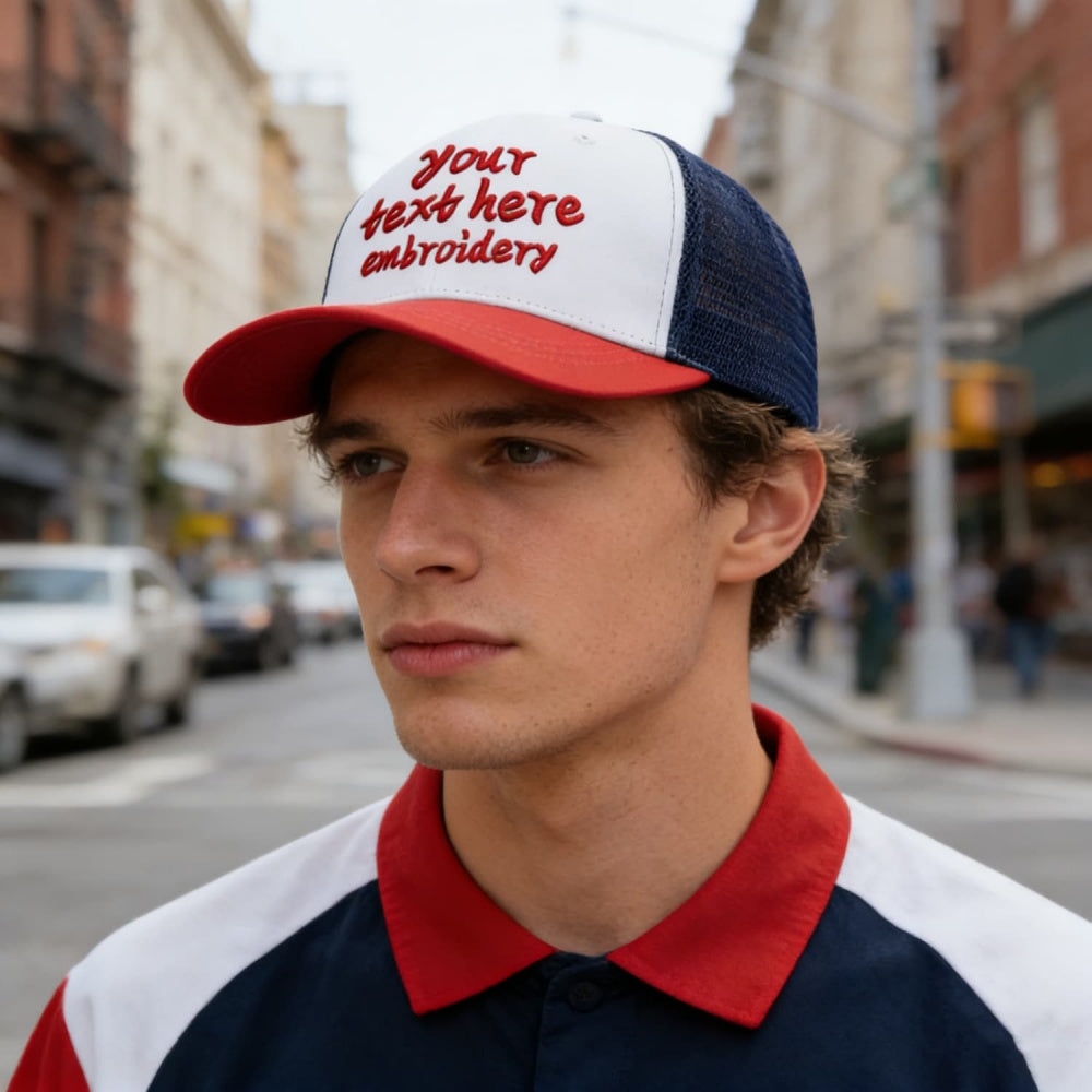 Vosoli White & Red-Navy Mesh-Back Trucker Cap - Unisex Personal & Team Custom 3D Embroidery or Print Hat