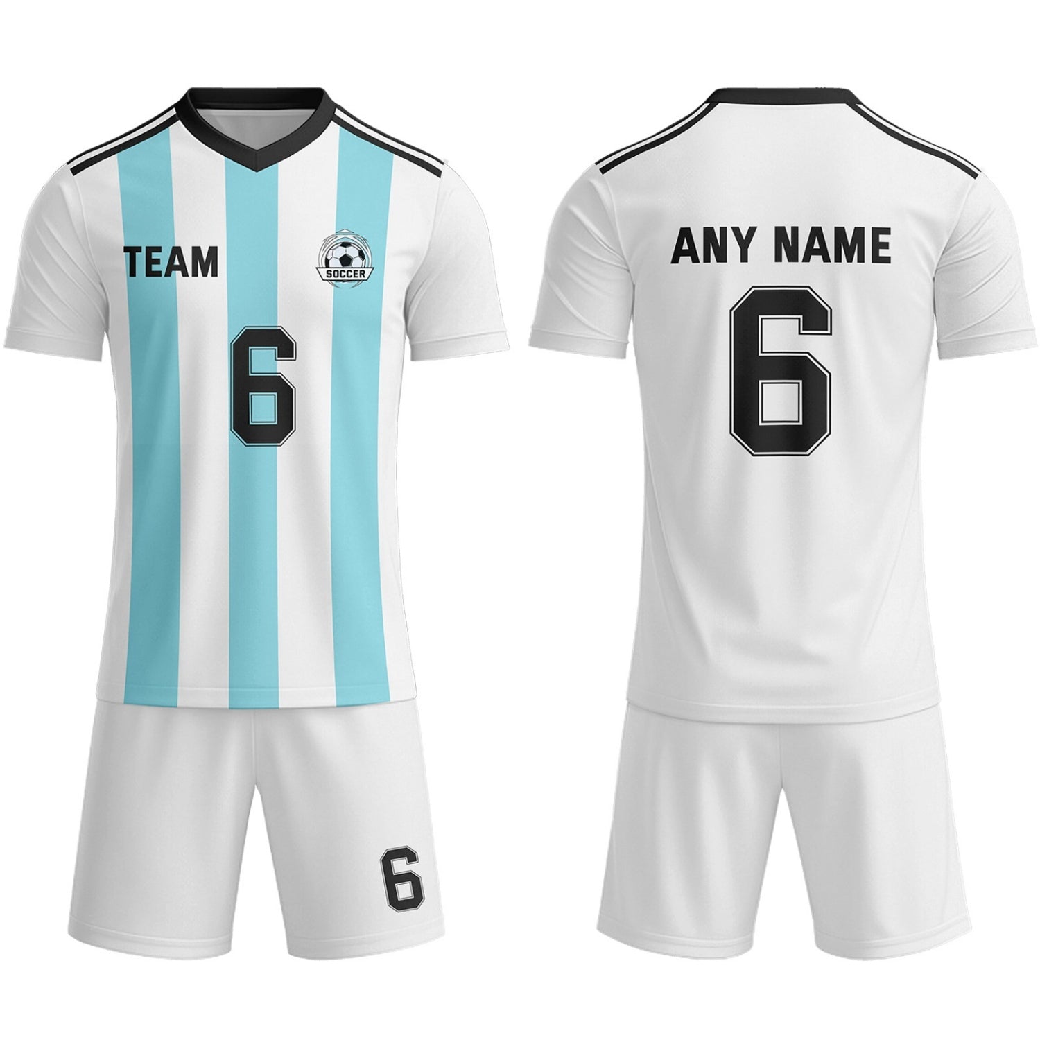 Custom White & Turquoise-Black Striped Soccer Uniform Set for Teams & Individuals | Vosoli