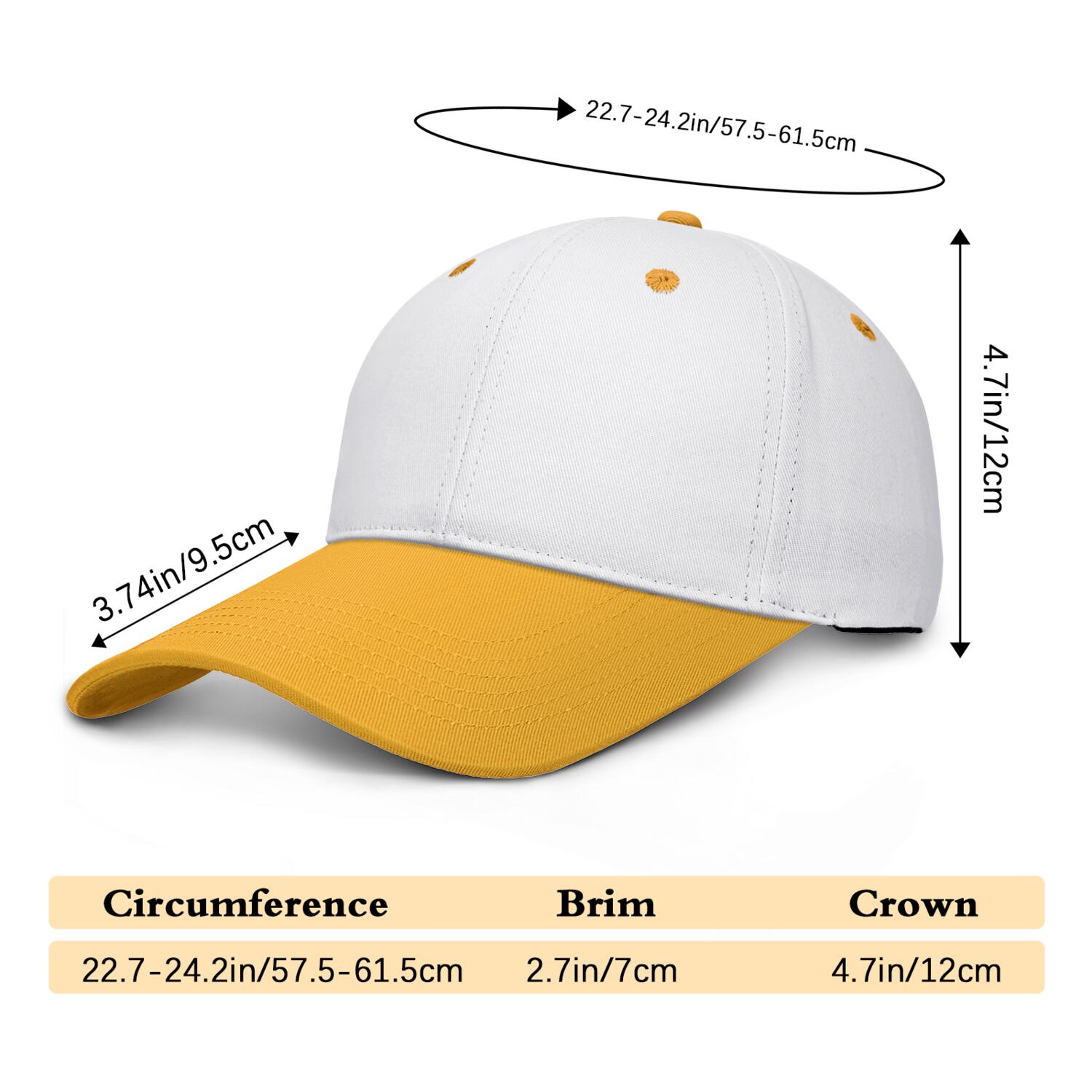 Vosoli White & Yellow Two-Tone Unisex Deep Bill Baseball Cap - Personal & Team Custom 3D Embroidery or Print Hat