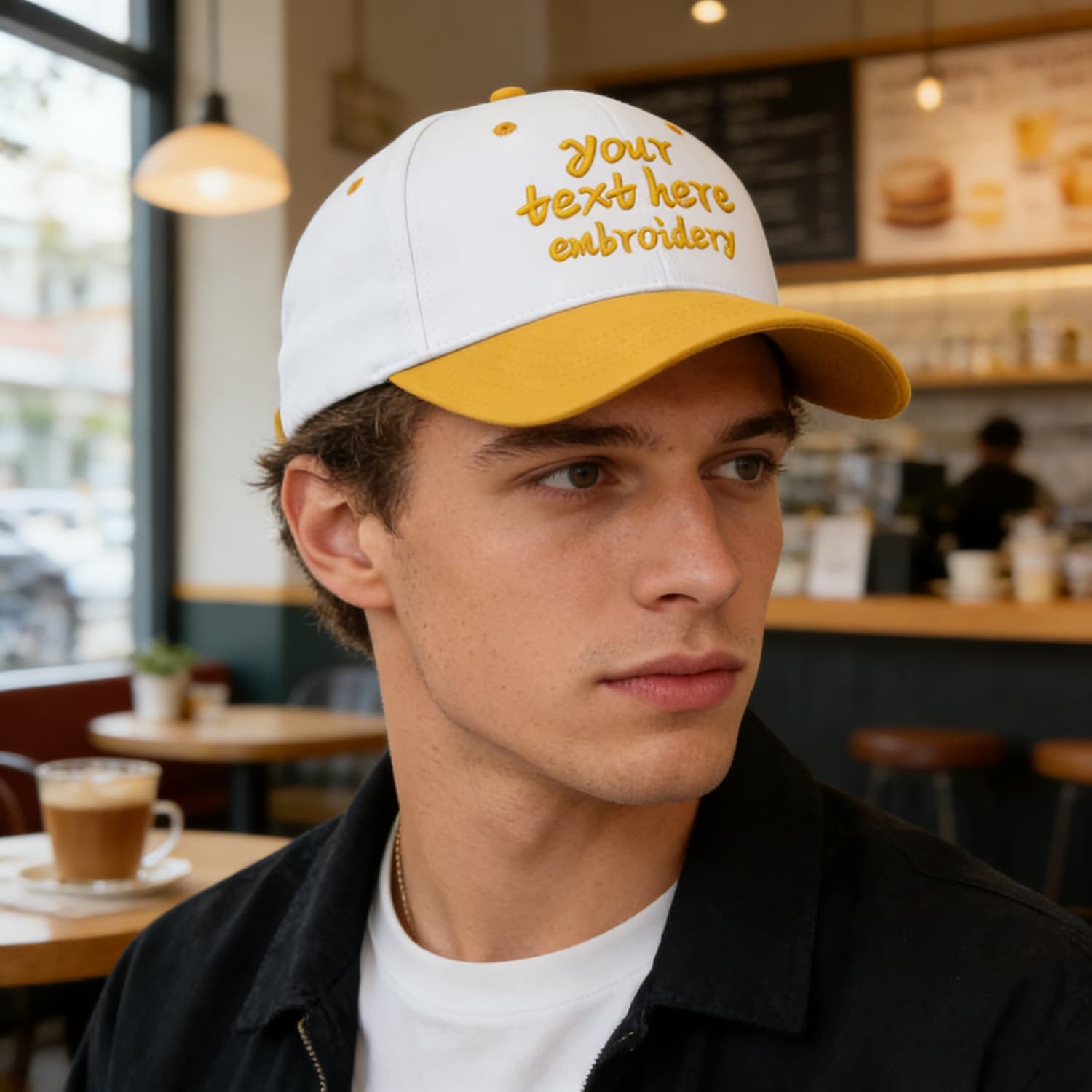 Vosoli White & Yellow Two-Tone Unisex Deep Bill Baseball Cap - Personal & Team Custom 3D Embroidery or Print Hat