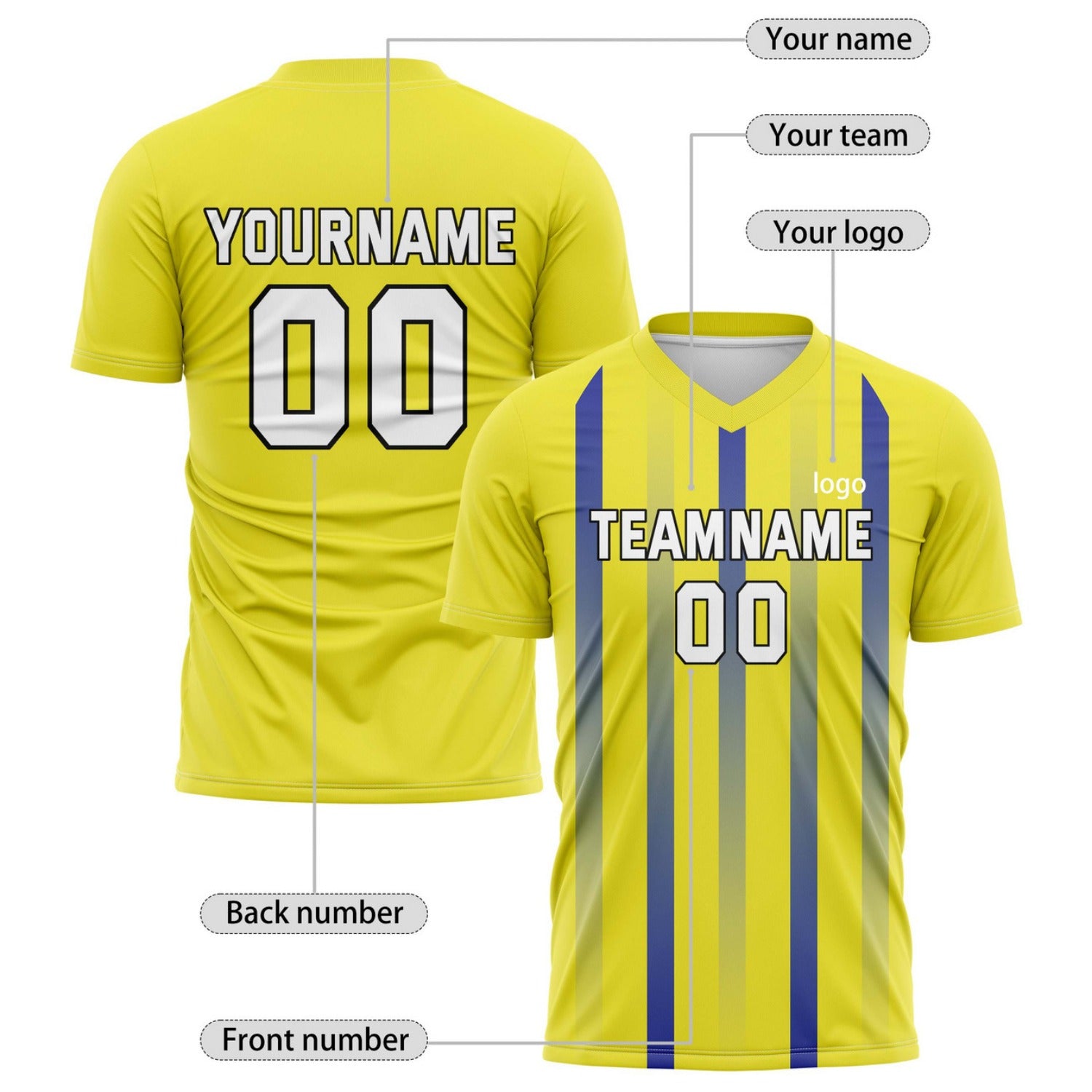 Custom Yellow & Blue Stripe Soccer Jersey - Personalized Team Name & Player Number for Matches | Vosoli