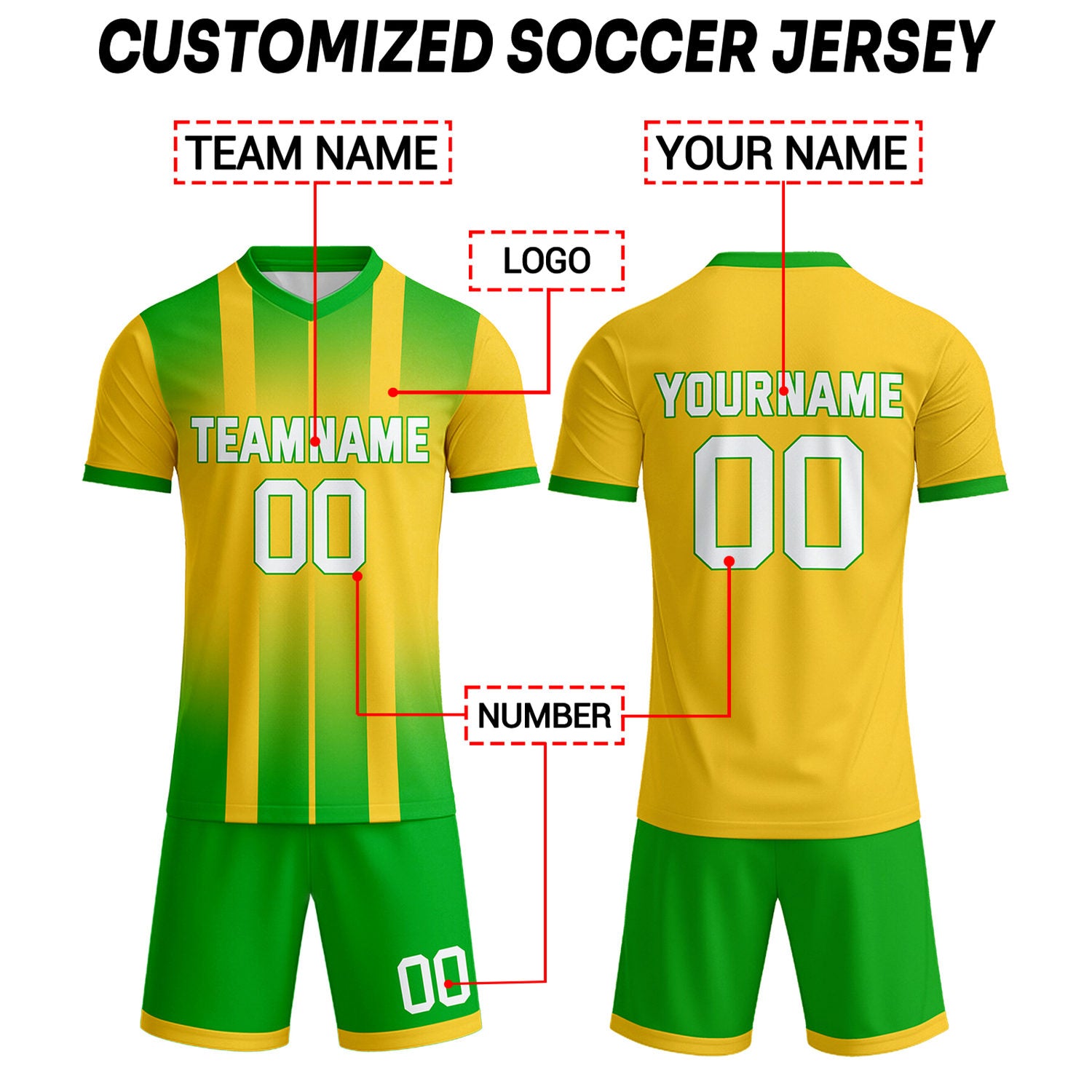 Custom Yellow & Forest Green Stripe Gradient Soccer Uniform Set for Teams & Individuals | Vosoli