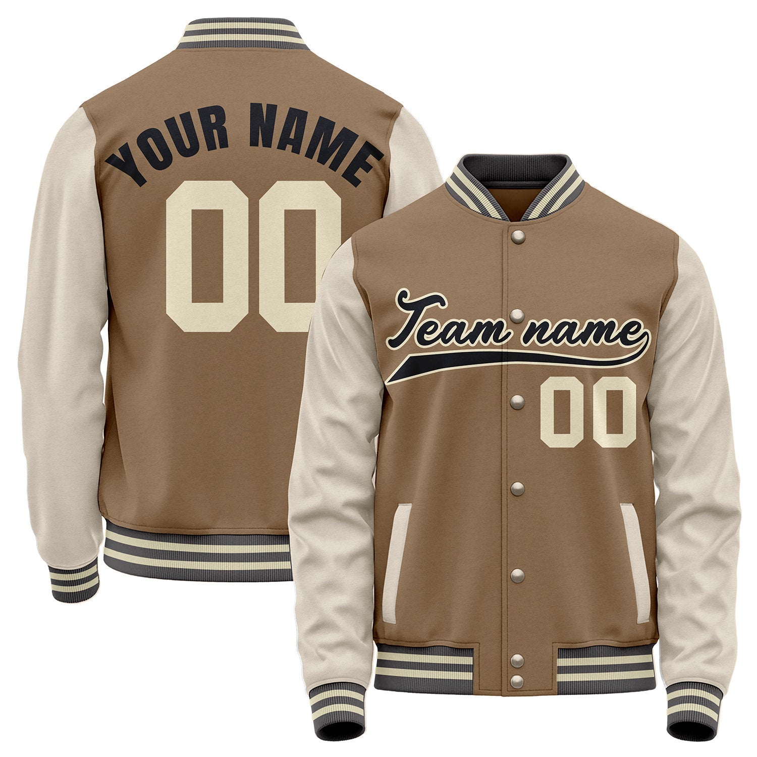 Warm baseball team jacket, brown and cream varsity letterman bomber jacket, custom team name, player number and logo.