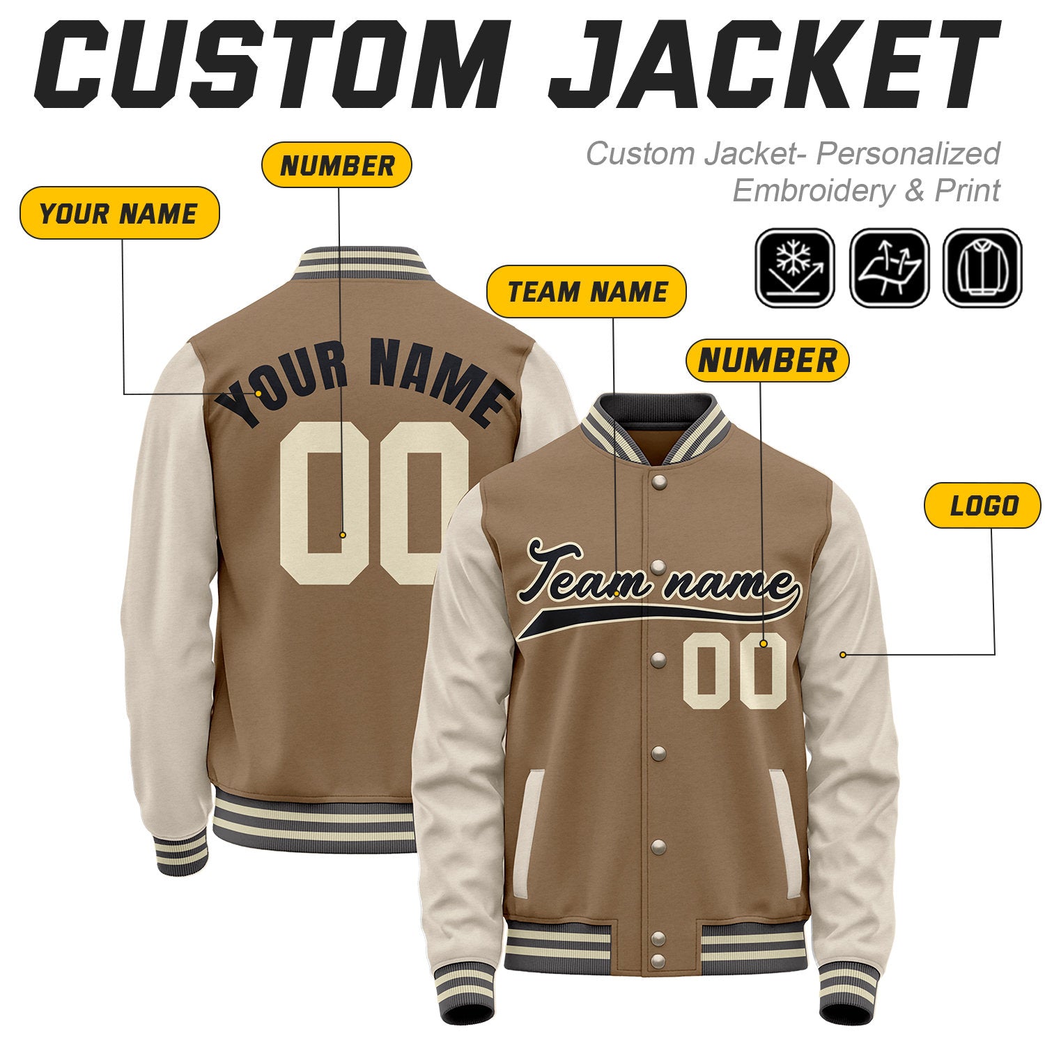 Custom Brown & Cream Baseball Bomber Jacket | Retro Collegiate Varsity & Letterman