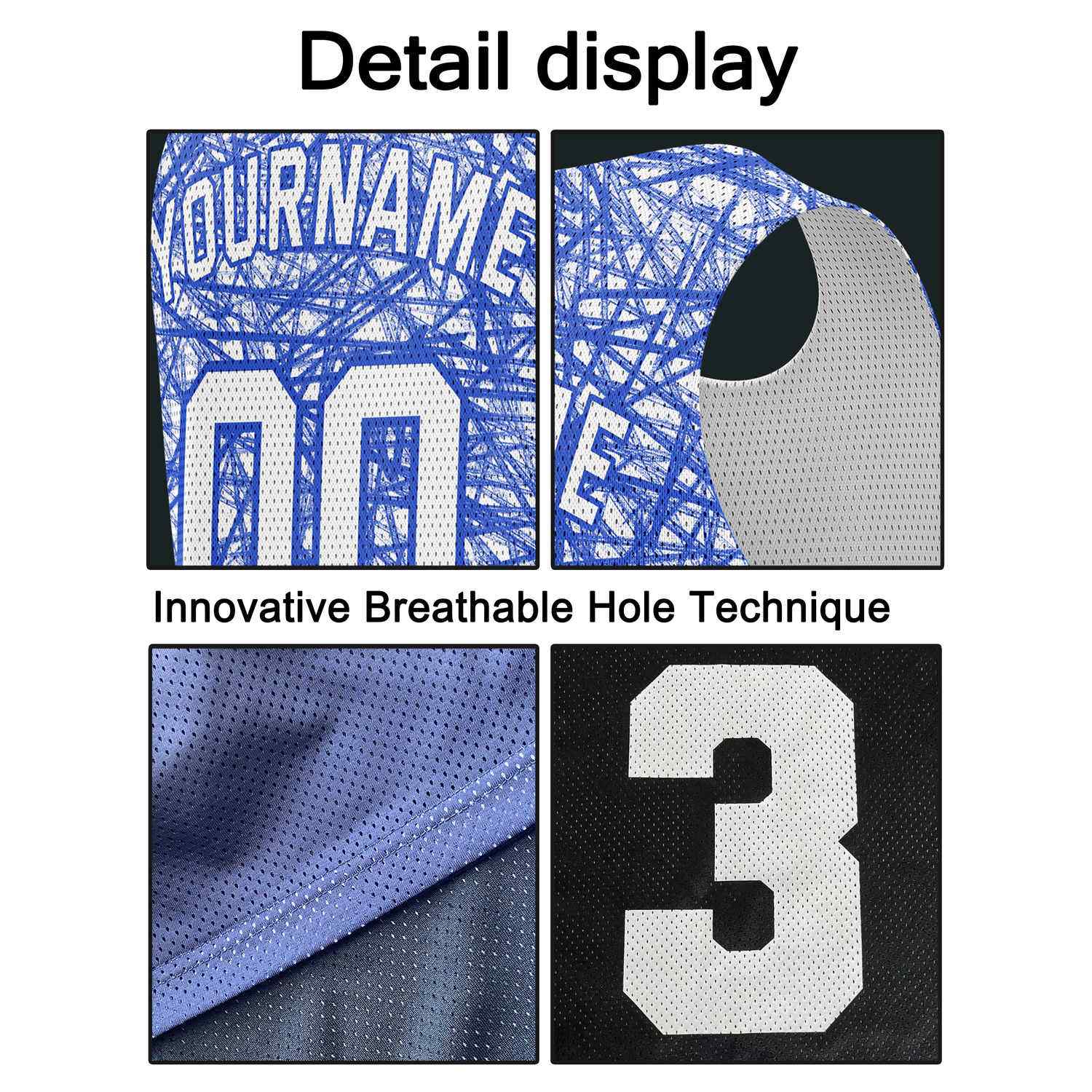 Custom White & Blue Sketch Pattern Basketball Jersey - Personalized Team Name, Number & LOGO | Vosoli