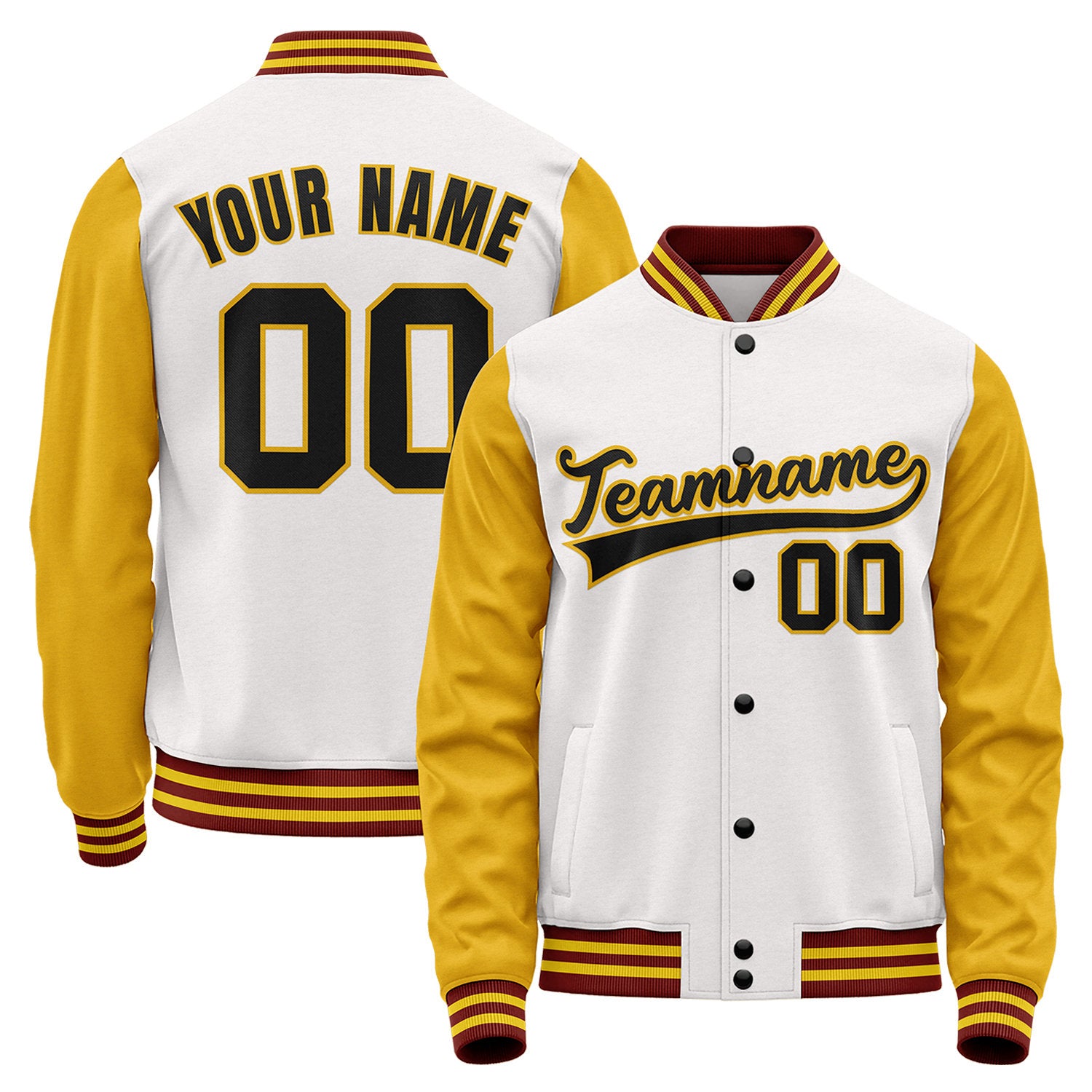 Wholesale baseball team jackets, white and gold varsity bomber jacket, personalized team name, player number and custom logo.