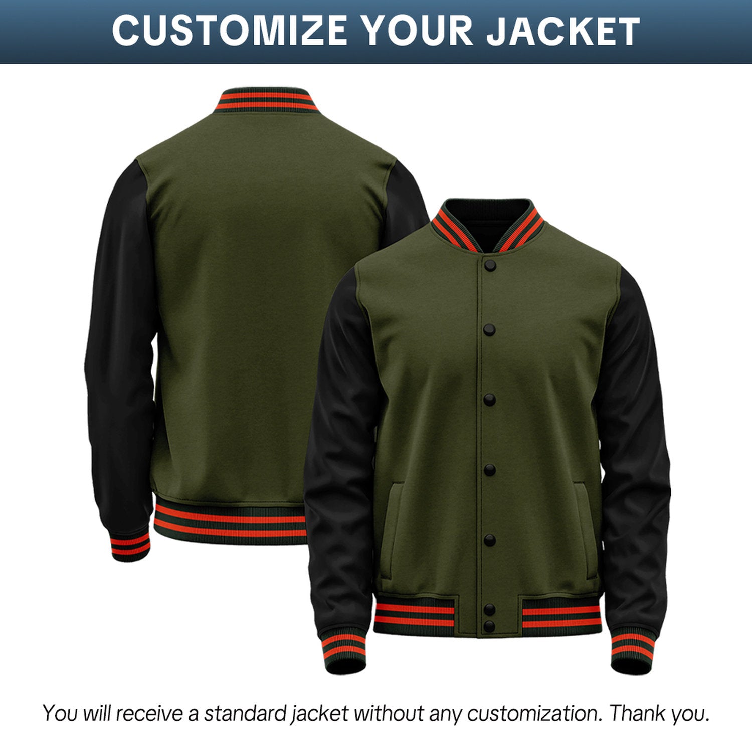 Custom Olive Green & Black Two-Tone Varsity Jacket | Personalized Baseball Bomber with Name, Number & Logo