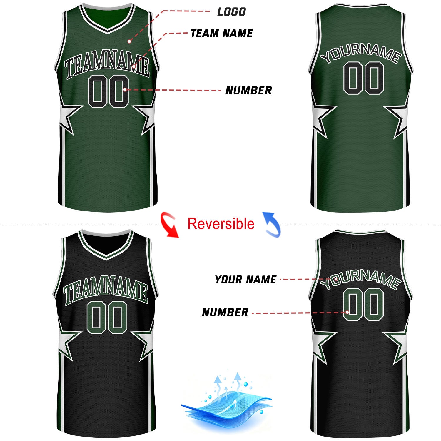 Custom Green & Black Star Graphic Reversible Basketball Uniform Set | Breathable Mesh Jersey & Shorts for Team Sports