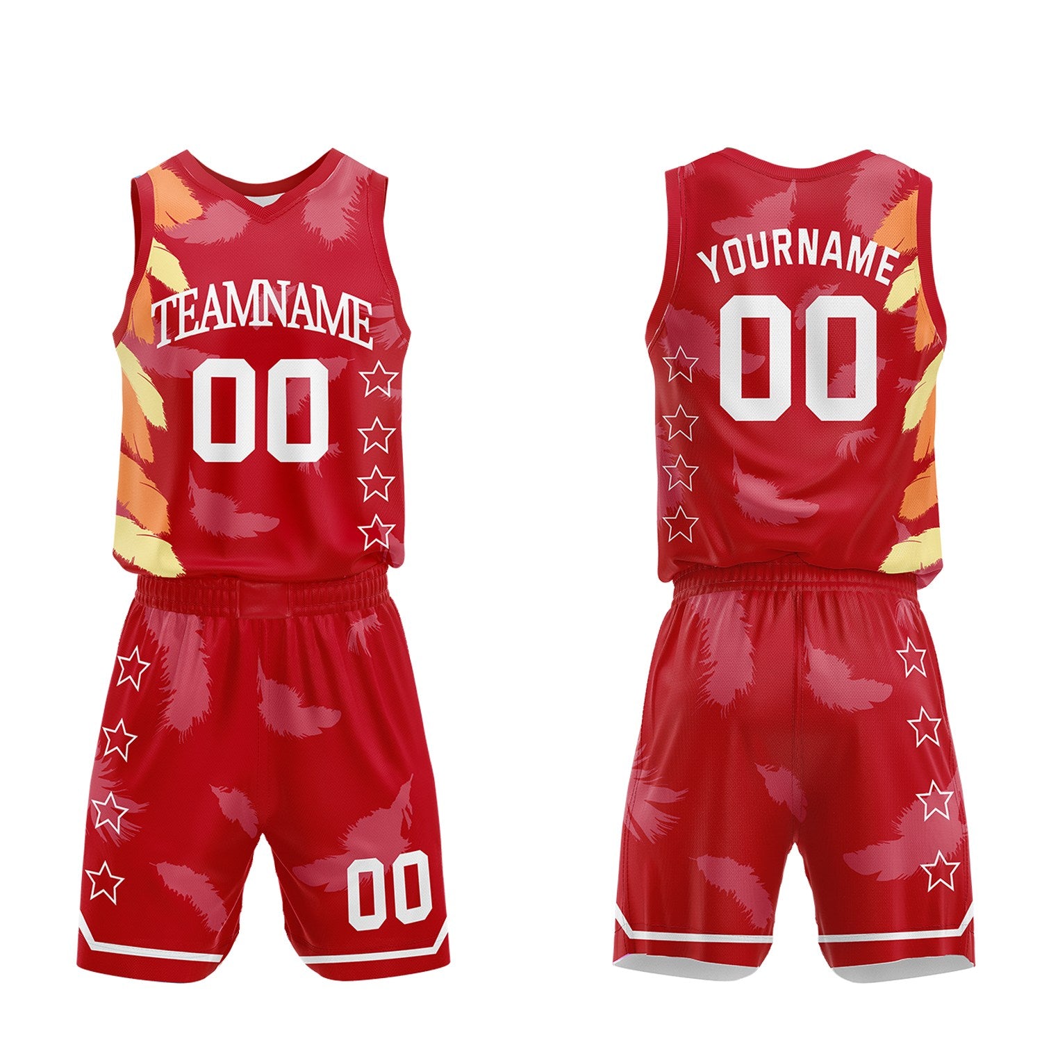 Wholesale custom basketball uniform supplier, red feather sublimated jersey and shorts set with personalized team name, player number and logo, breathable quick dry mesh for team games.