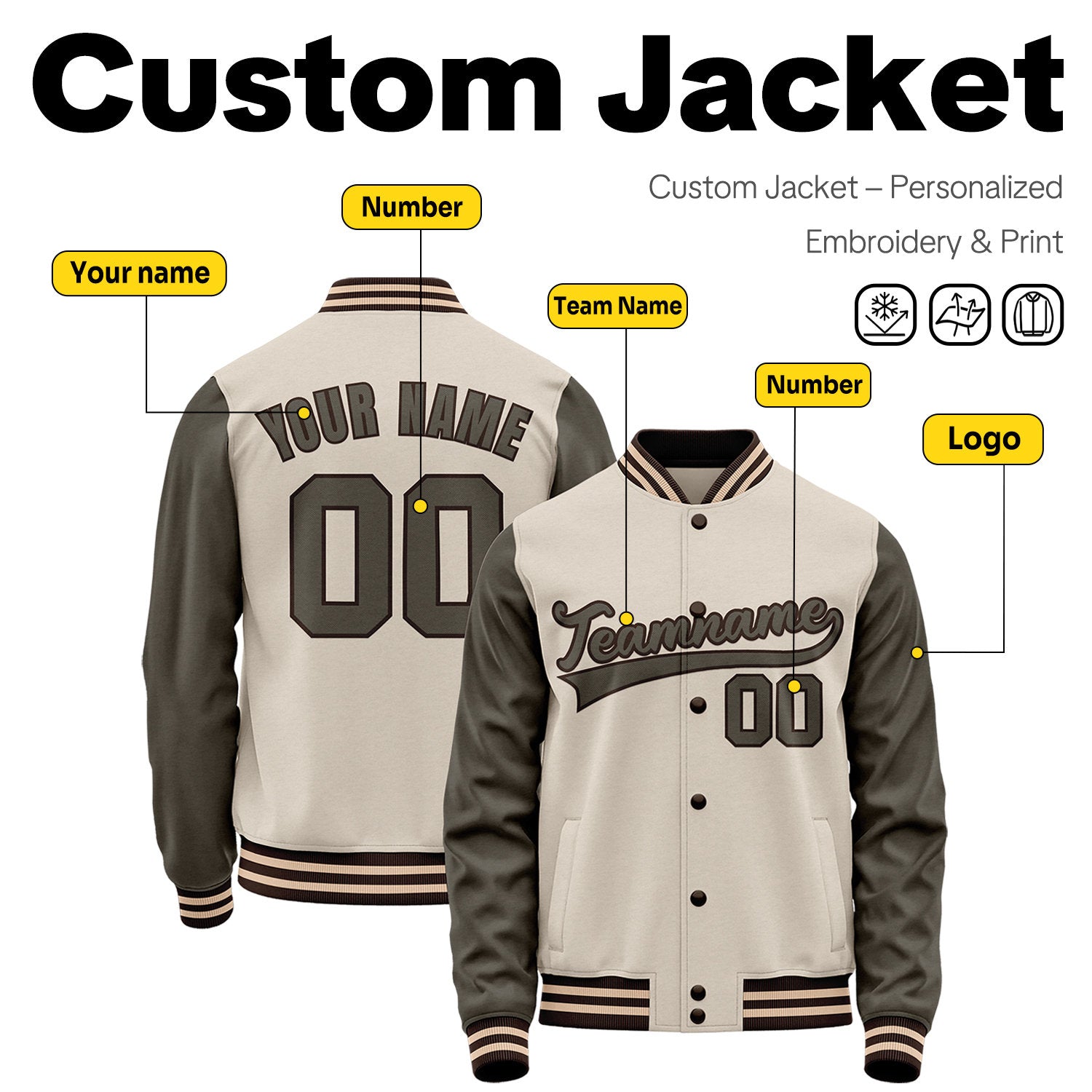 Custom Cream & Charcoal Two-Tone Varsity Jacket | Personalized Baseball Bomber with Name, Number & Logo
