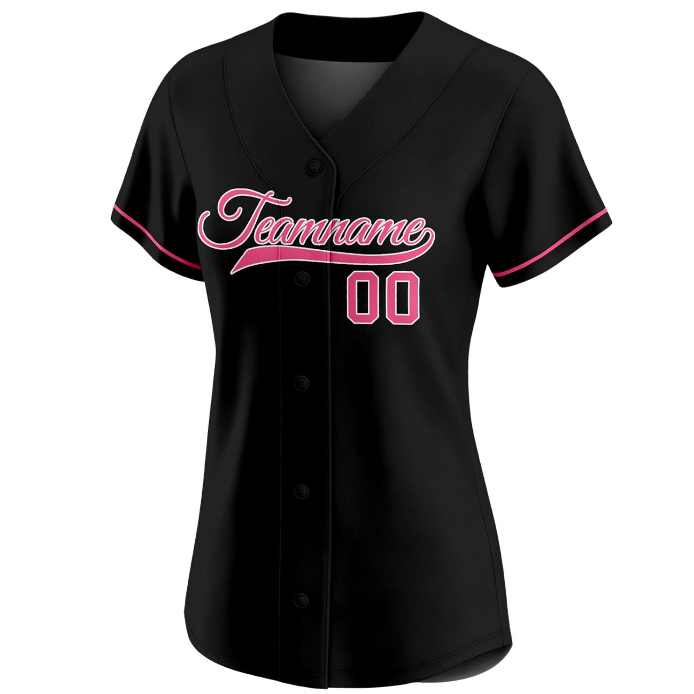 Women's black custom button-down baseball jersey with hot pink piping trim