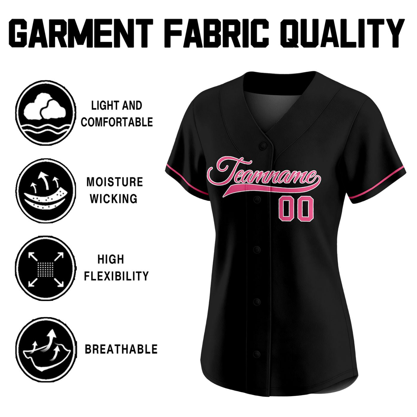 Women's Custom Black Baseball Jersey - Plain Button-Down Pink Piping Softball Shirt