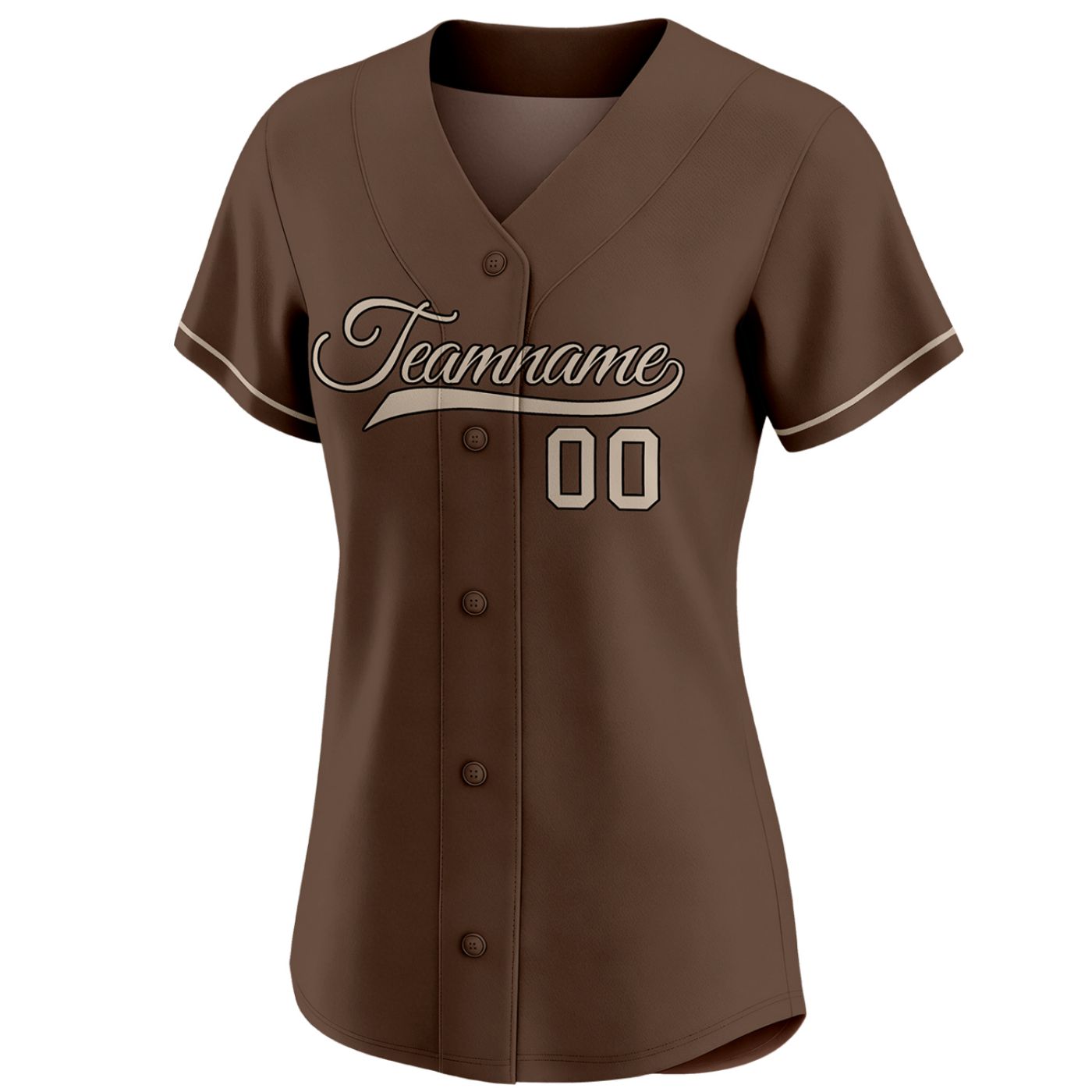 Custom women's brown baseball jersey with beige tan team name and number 00